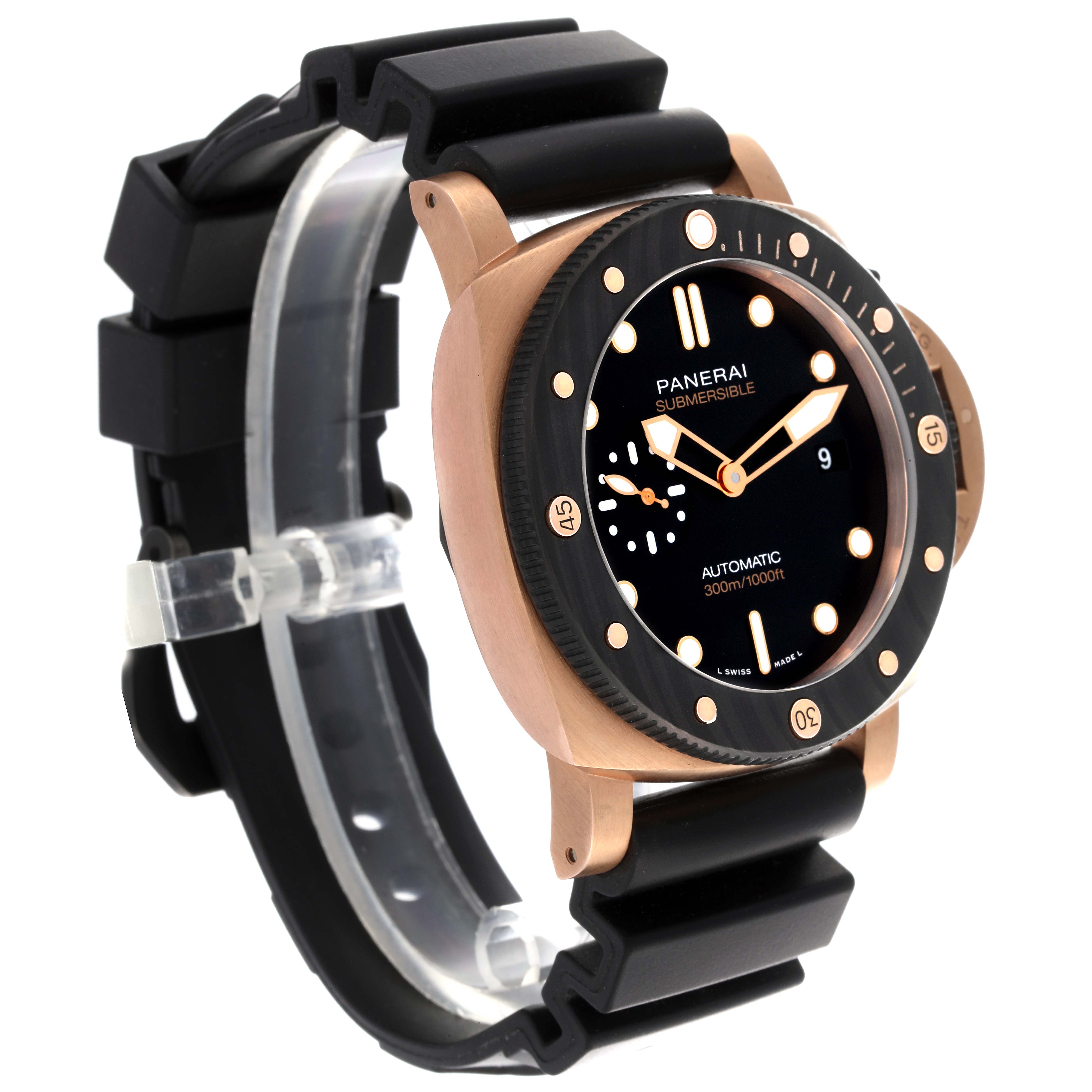 The Panerai Submersible PAM01070 Men's Rose Gold Black Dial PAM01070 Men's Rose Gold Black Dial watch is shown at a three-quarter angle, displaying the face, bezel, and rubber strap.