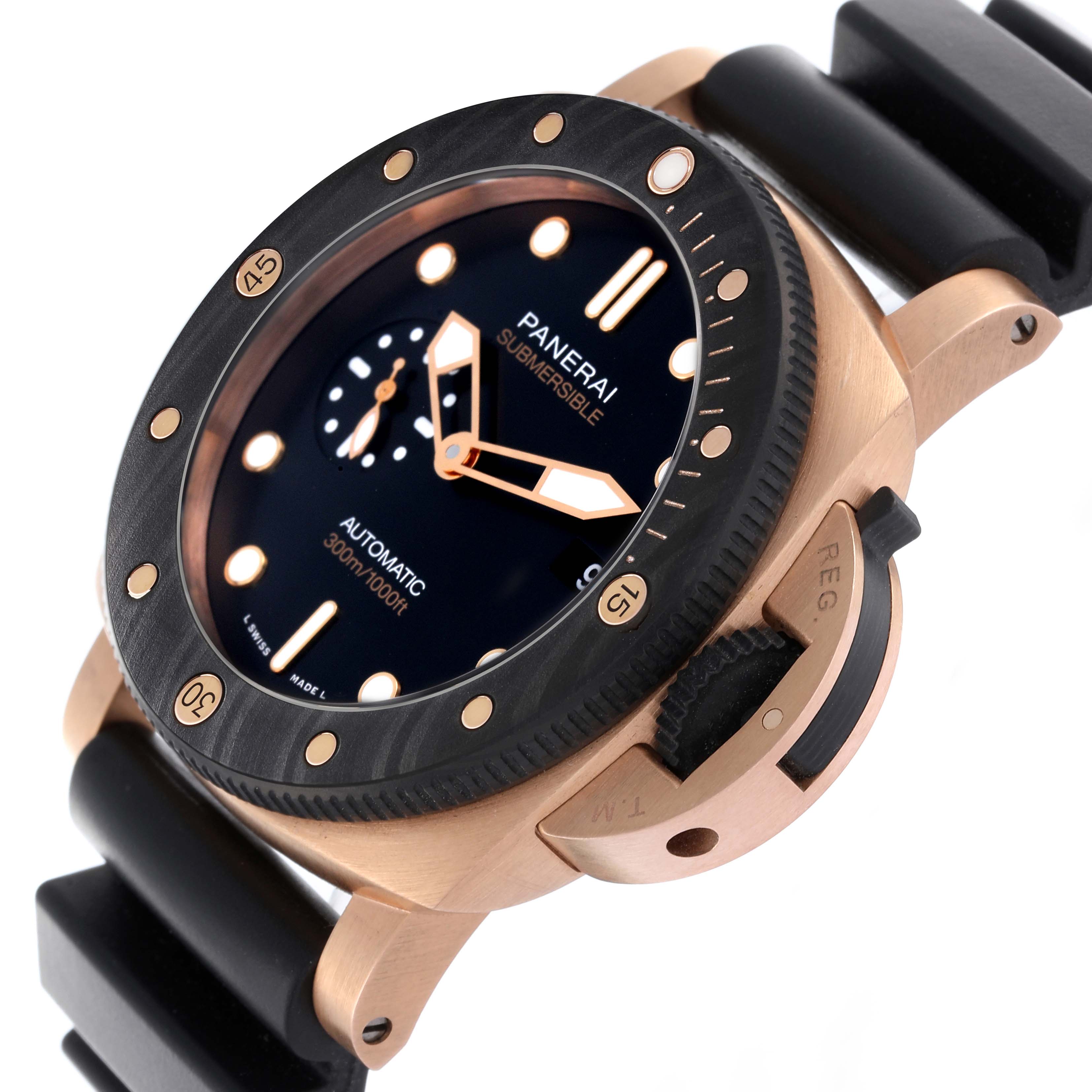 The image shows a Panerai Submersible PAM01070 Men's Rose Gold Black Dial PAM01070 Men's Rose Gold Black Dial watch at an angle highlighting the dial, bezel, crown guard, and part of the strap.