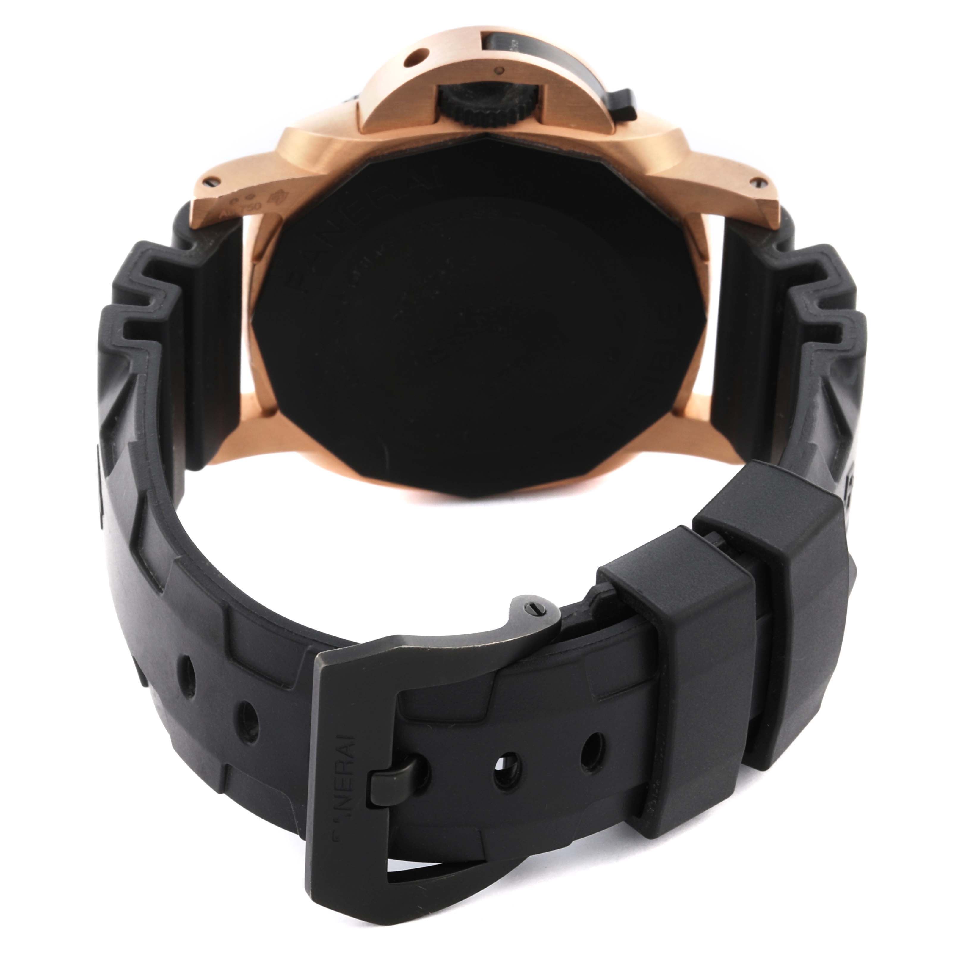 The Panerai Submersible PAM01070 Men's Rose Gold Black Dial PAM01070 Men's Rose Gold Black Dial watch is shown from the back, highlighting the black strap and bronze case.