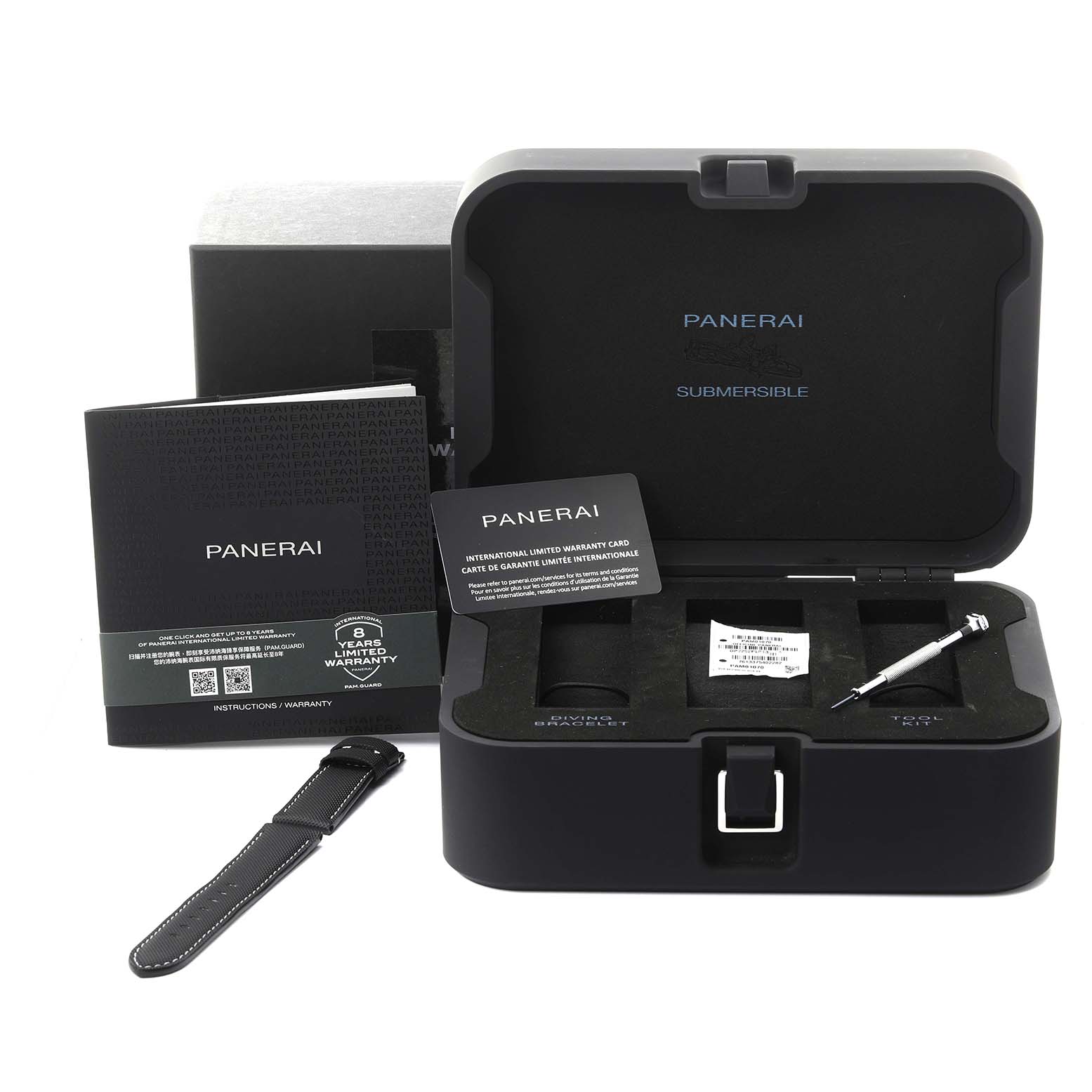 The image shows a Panerai Submersible PAM01070 Men's Rose Gold Black Dial PAM01070 Men's Rose Gold Black Dial watch case, strap, warranty card, tool, and user manual from a frontal angle.