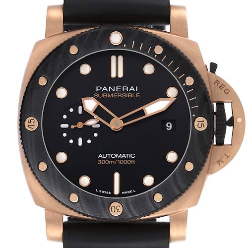 The Panerai Submersible watch is shown from the front, displaying the bezel, dial, hands, and crown guard.