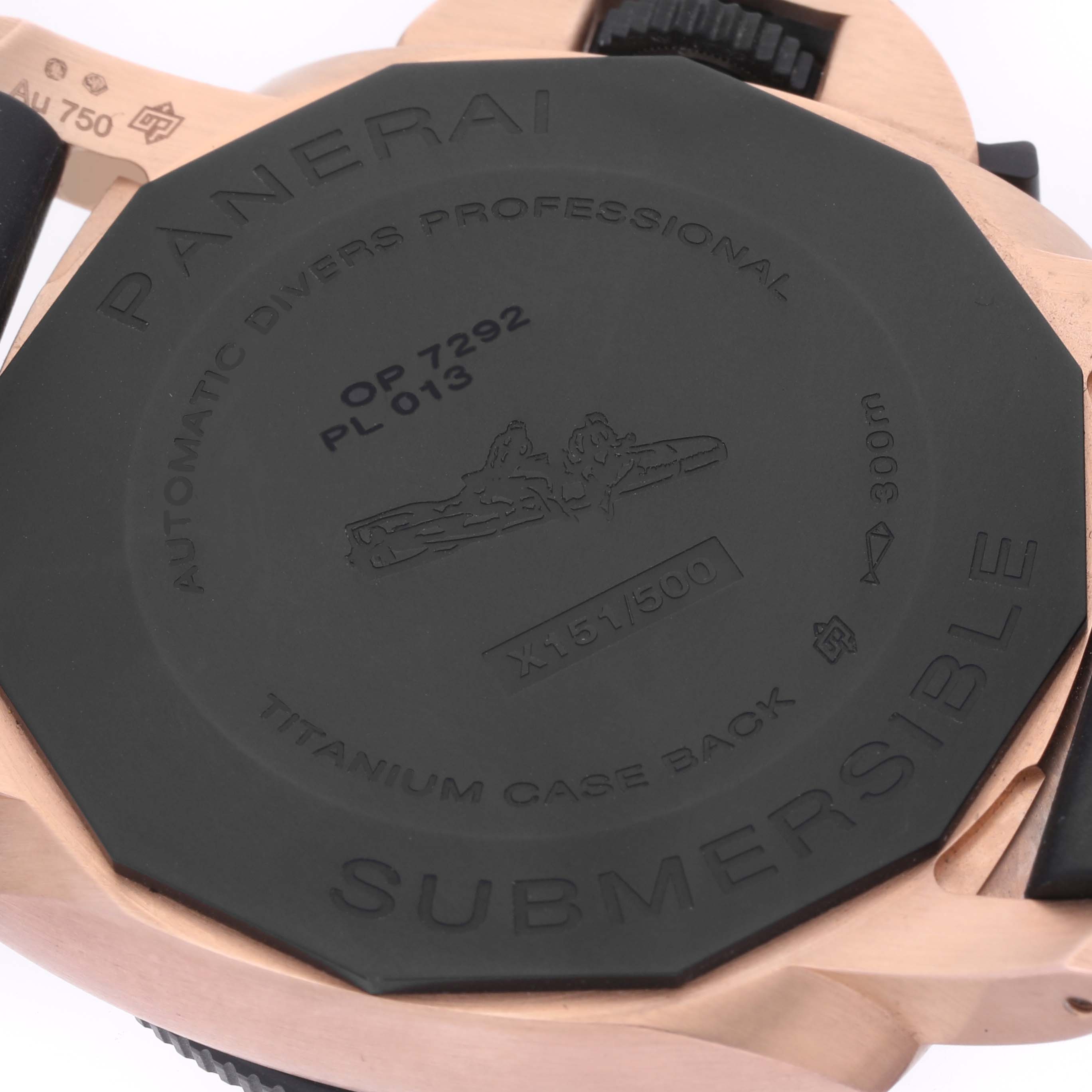 The image shows the back of a Panerai Submersible PAM01070 Men's Rose Gold Black Dial PAM01070 Men's Rose Gold Black Dial watch, highlighting its titanium case back and engravings.