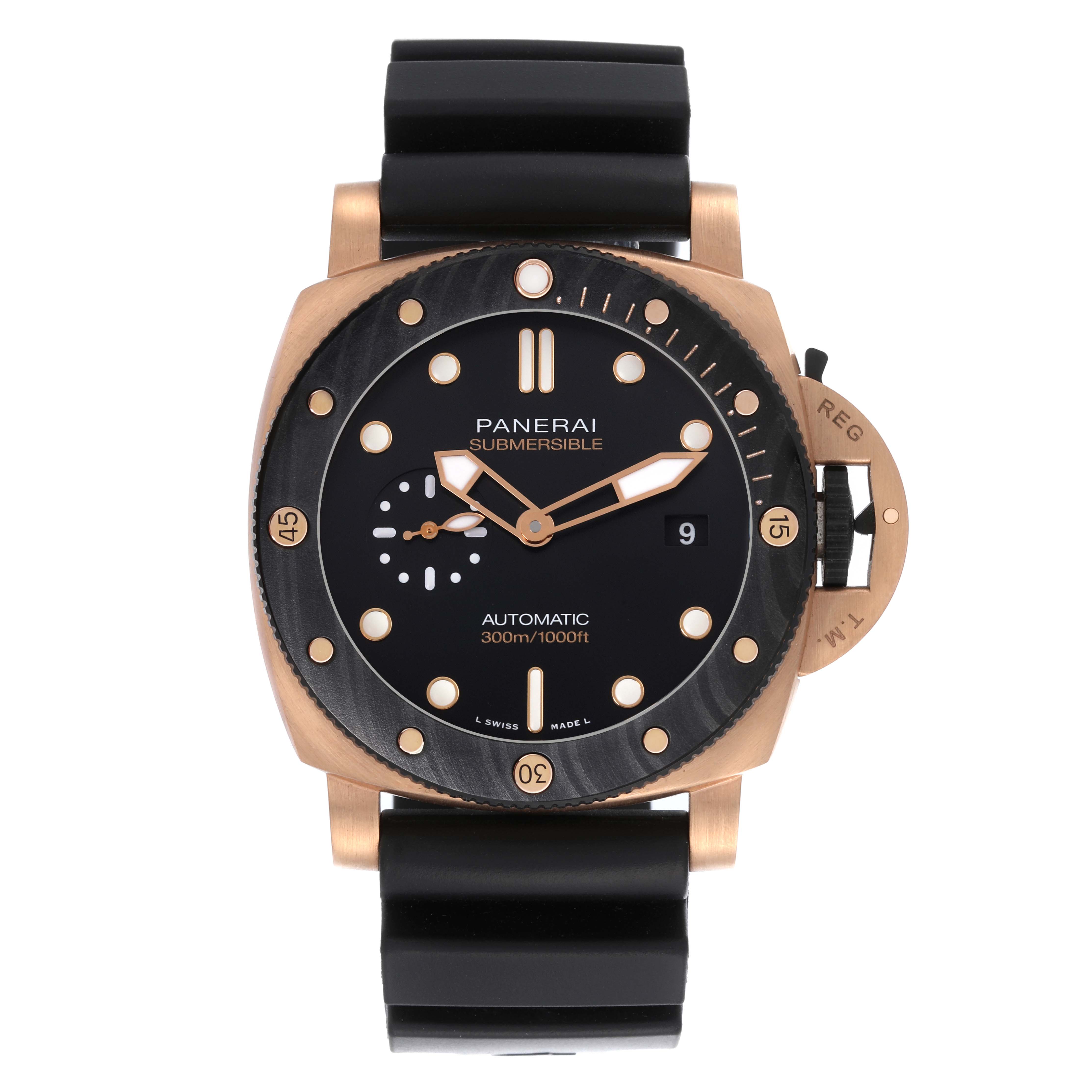 The Panerai Submersible PAM01070 Men's Rose Gold Black Dial PAM01070 Men's Rose Gold Black Dial watch is shown from a front view, displaying the dial, bezel, and strap.