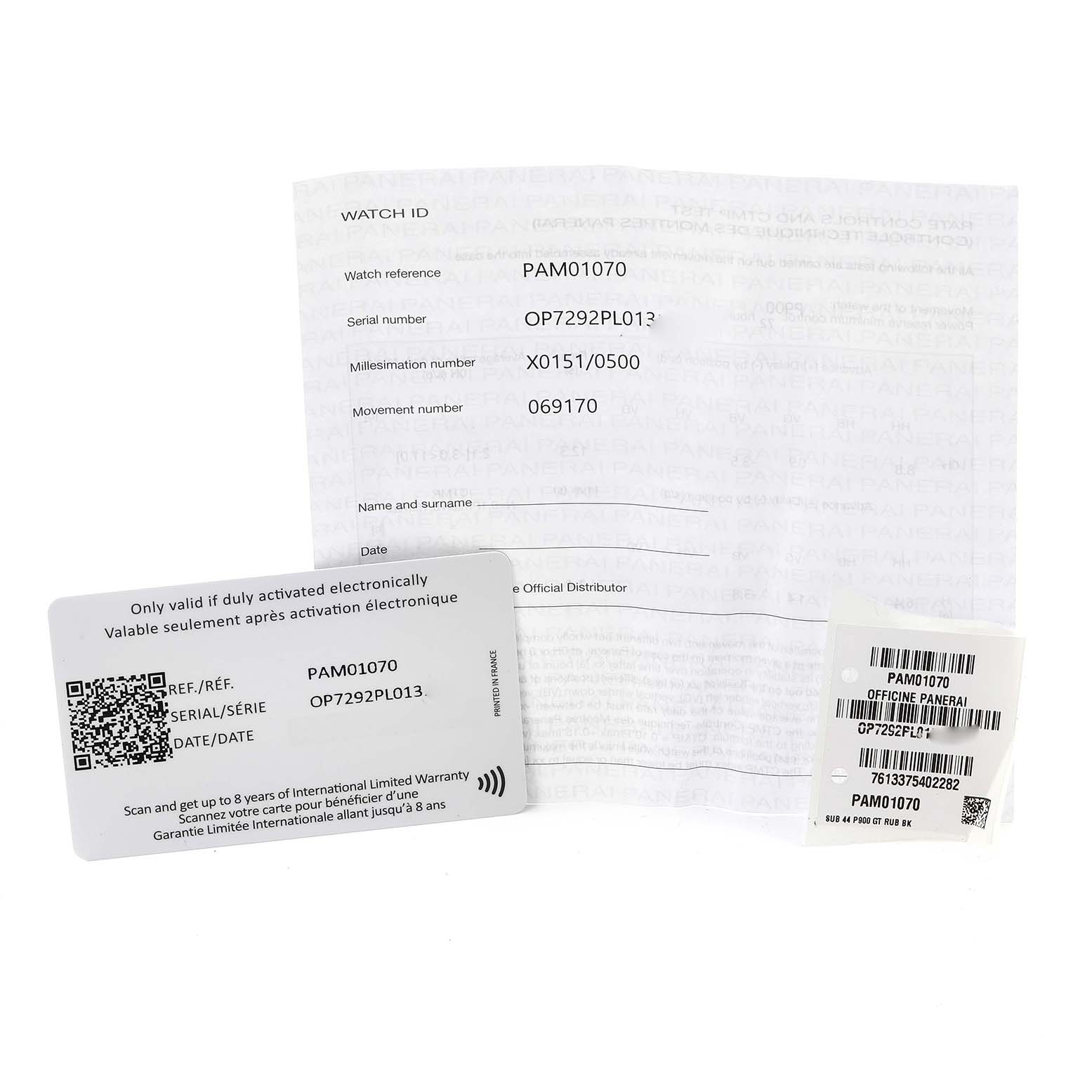 The image shows documentation and identification cards for the Panerai Submersible PAM01070 Men's Rose Gold Black Dial PAM01070 Men's Rose Gold Black Dial model.