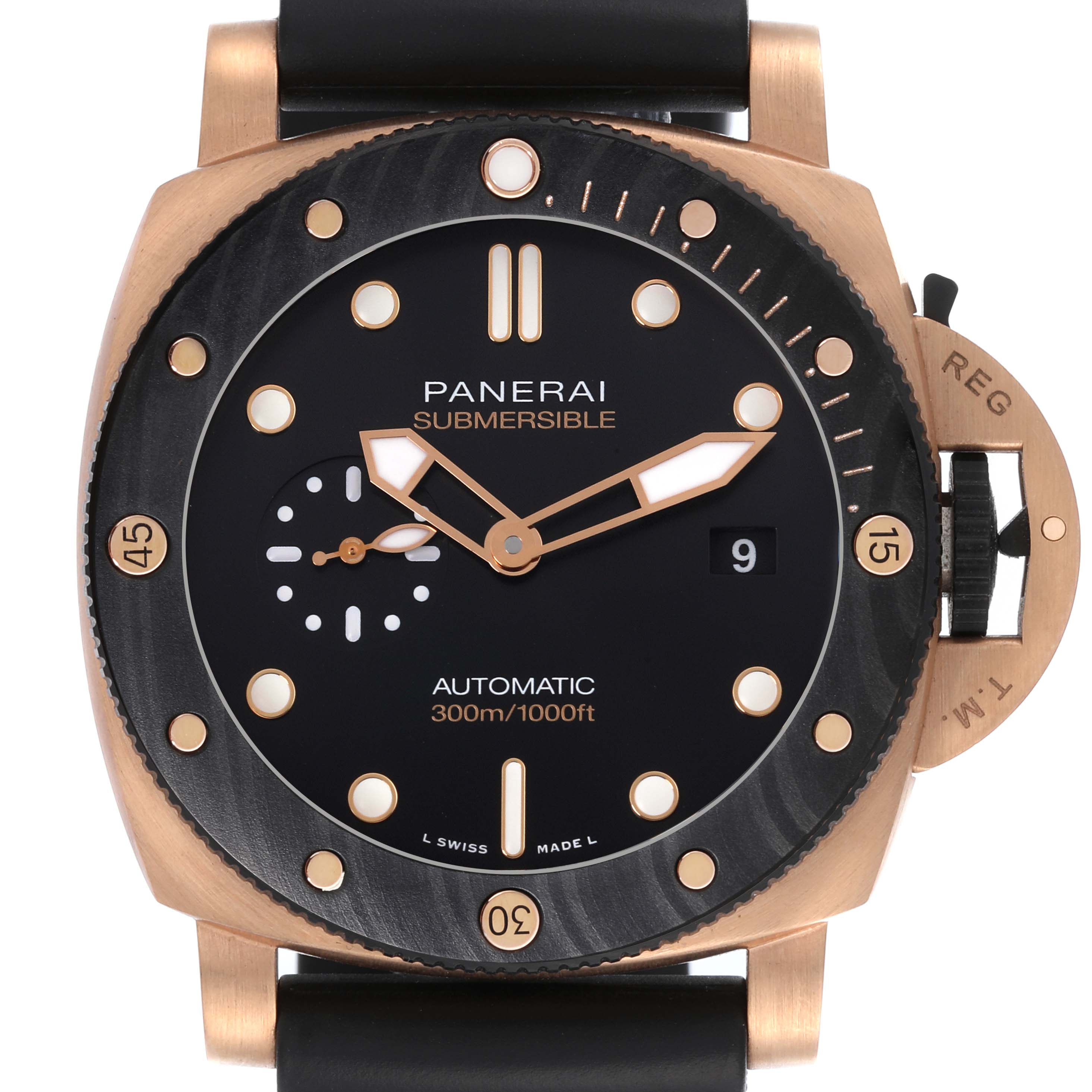The Panerai Submersible PAM01070 Men's Rose Gold Black Dial PAM01070 Men's Rose Gold Black Dial watch is shown from a frontal angle displaying the dial, bezel, and case, with visible crown guard.