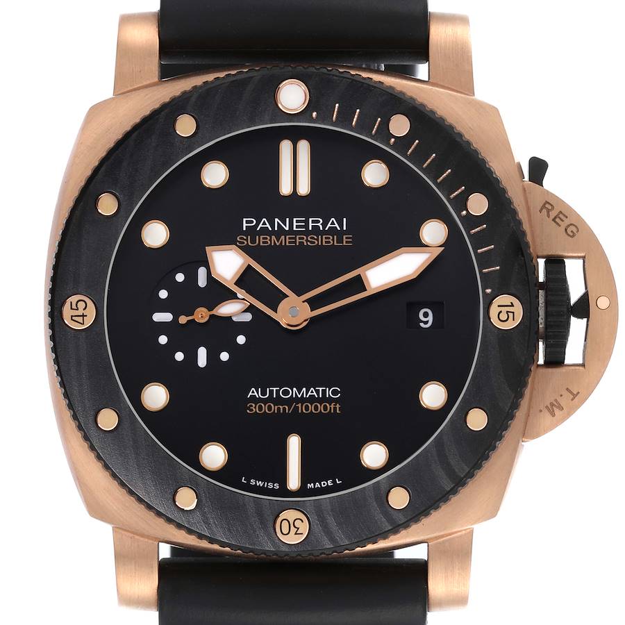 The Panerai Submersible watch is shown from a frontal angle displaying the dial, bezel, and case, with visible crown guard.