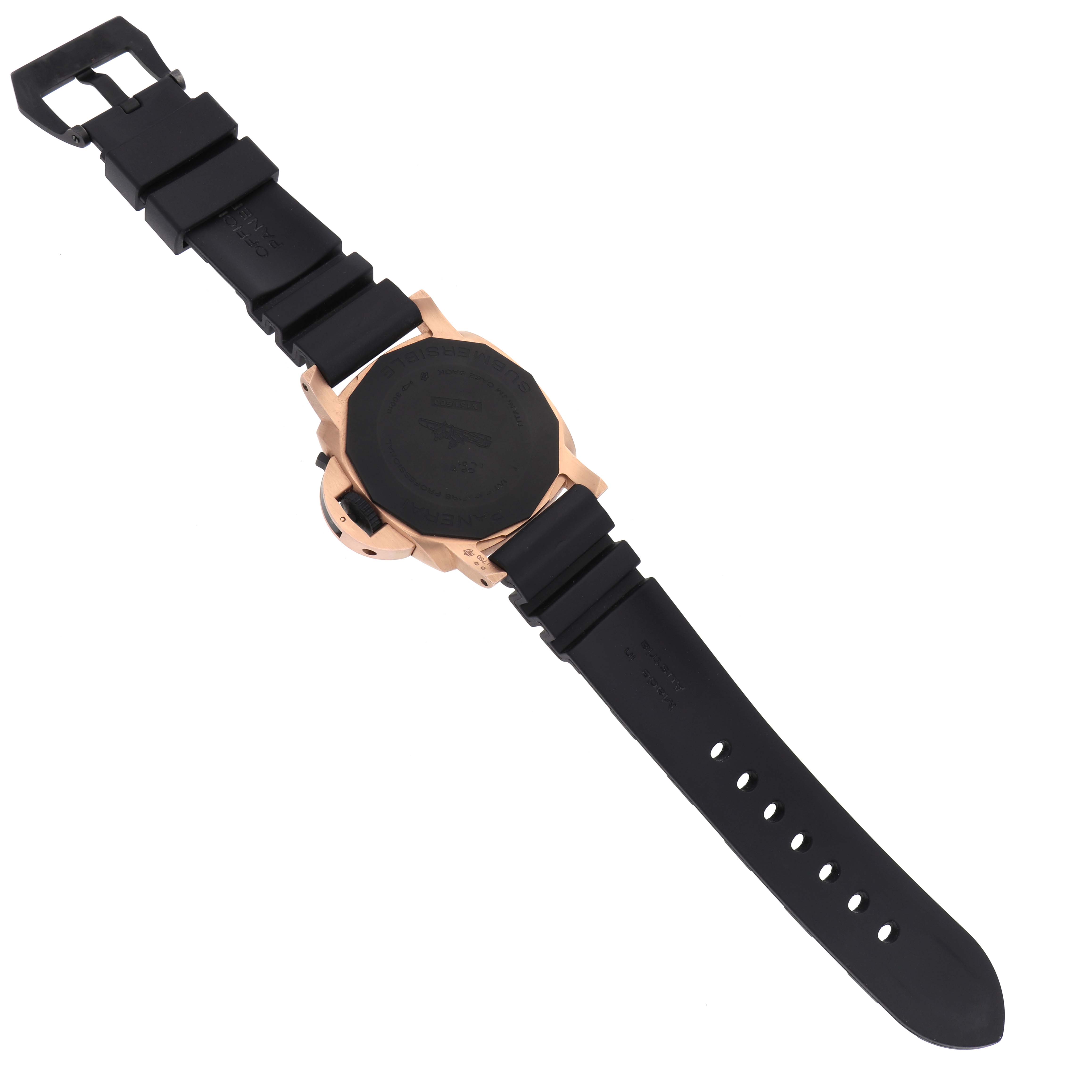 The Panerai Submersible PAM01070 Men's Rose Gold Black Dial PAM01070 Men's Rose Gold Black Dial watch is shown from the back, highlighting the case back, strap, and buckle.