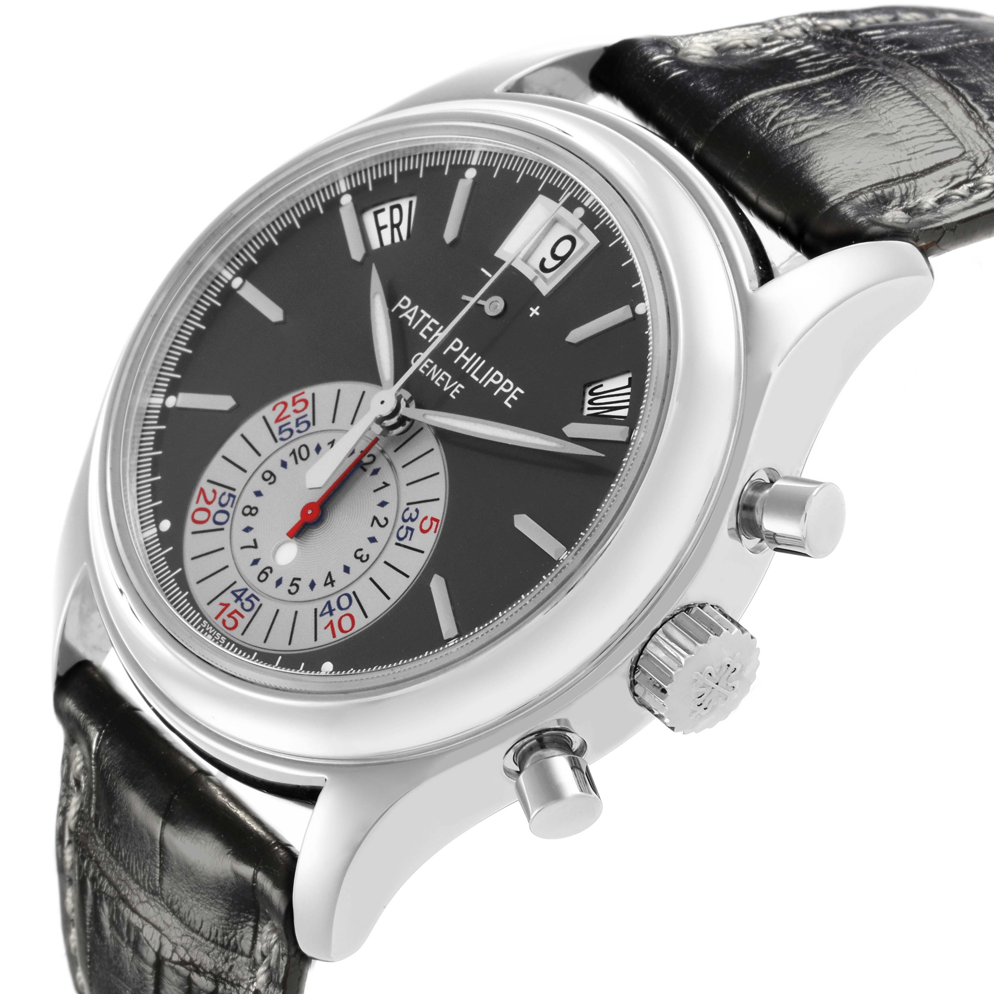 The Patek Philippe Complications 5960P-001 Men's Platinum Grey Dial 5960P-001 Men's Platinum Grey Dial watch is shown at an angled side view, highlighting the crown, pushers, and dial details.