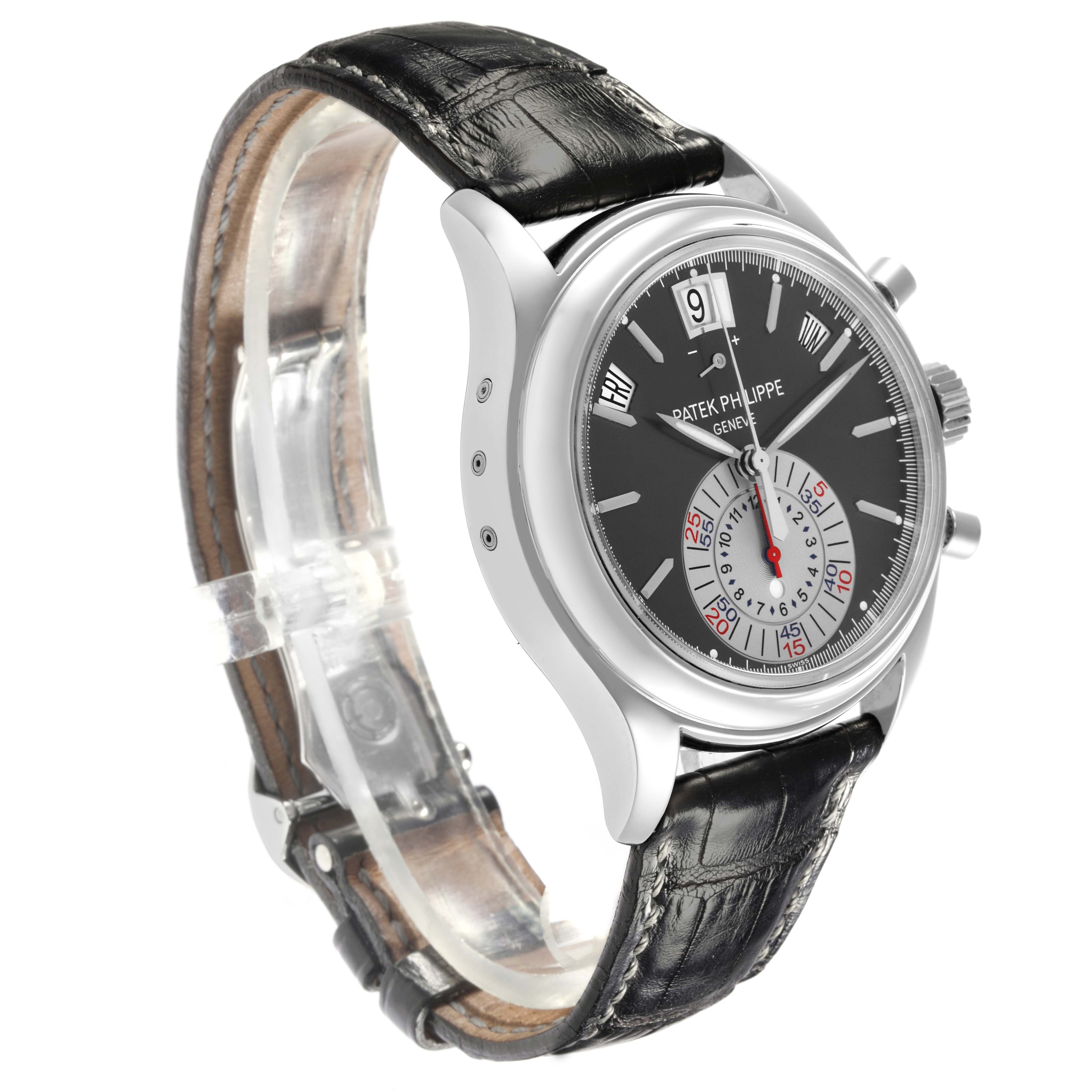 The Patek Philippe Complications 5960P-001 Men's Platinum Grey Dial 5960P-001 Men's Platinum Grey Dial watch is shown at a three-quarter angle, highlighting the dial, crown, and black leather strap.