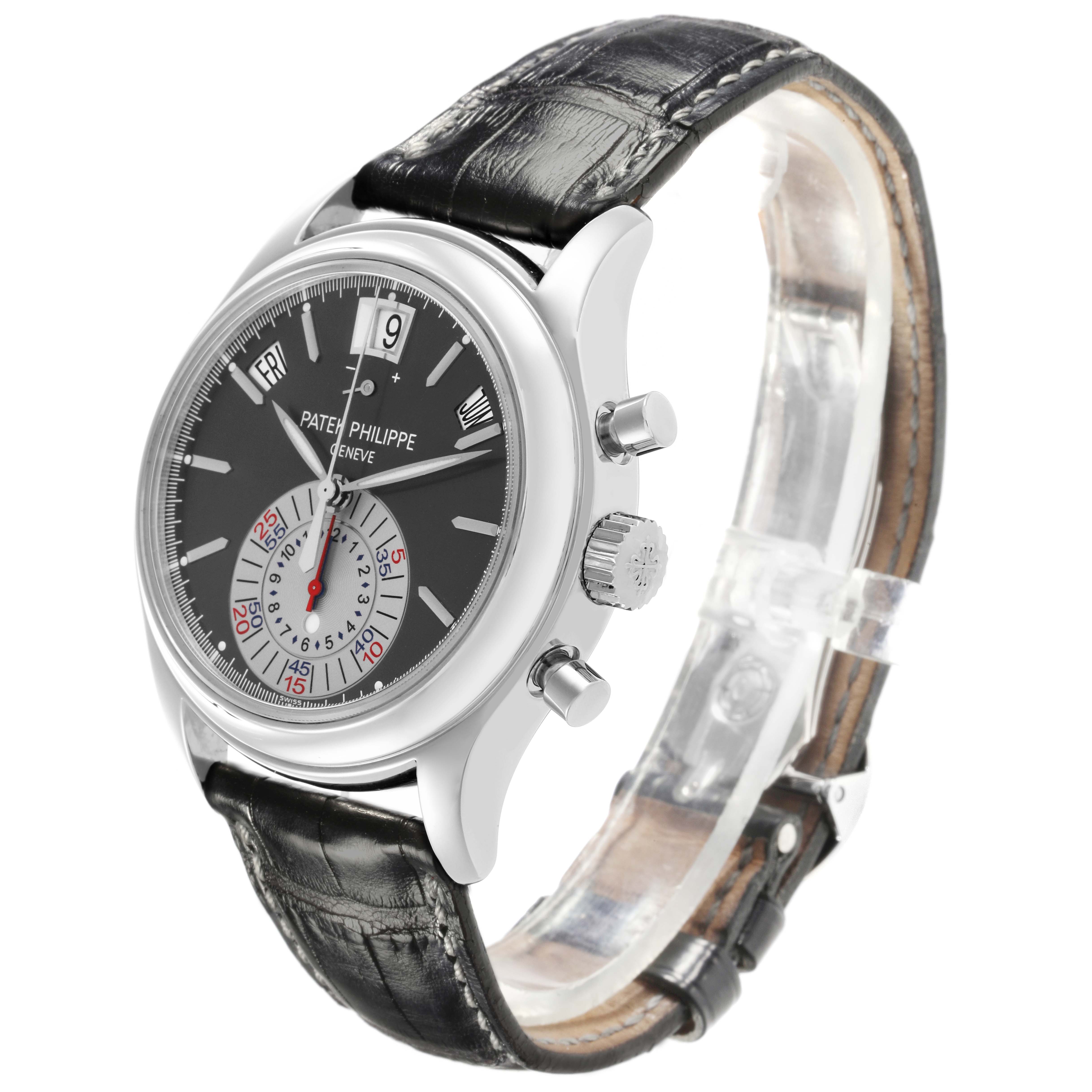 The Patek Philippe Complications 5960P-001 Men's Platinum Grey Dial 5960P-001 Men's Platinum Grey Dial watch is shown at a three-quarter angle, highlighting the dial, crown, and pushers.