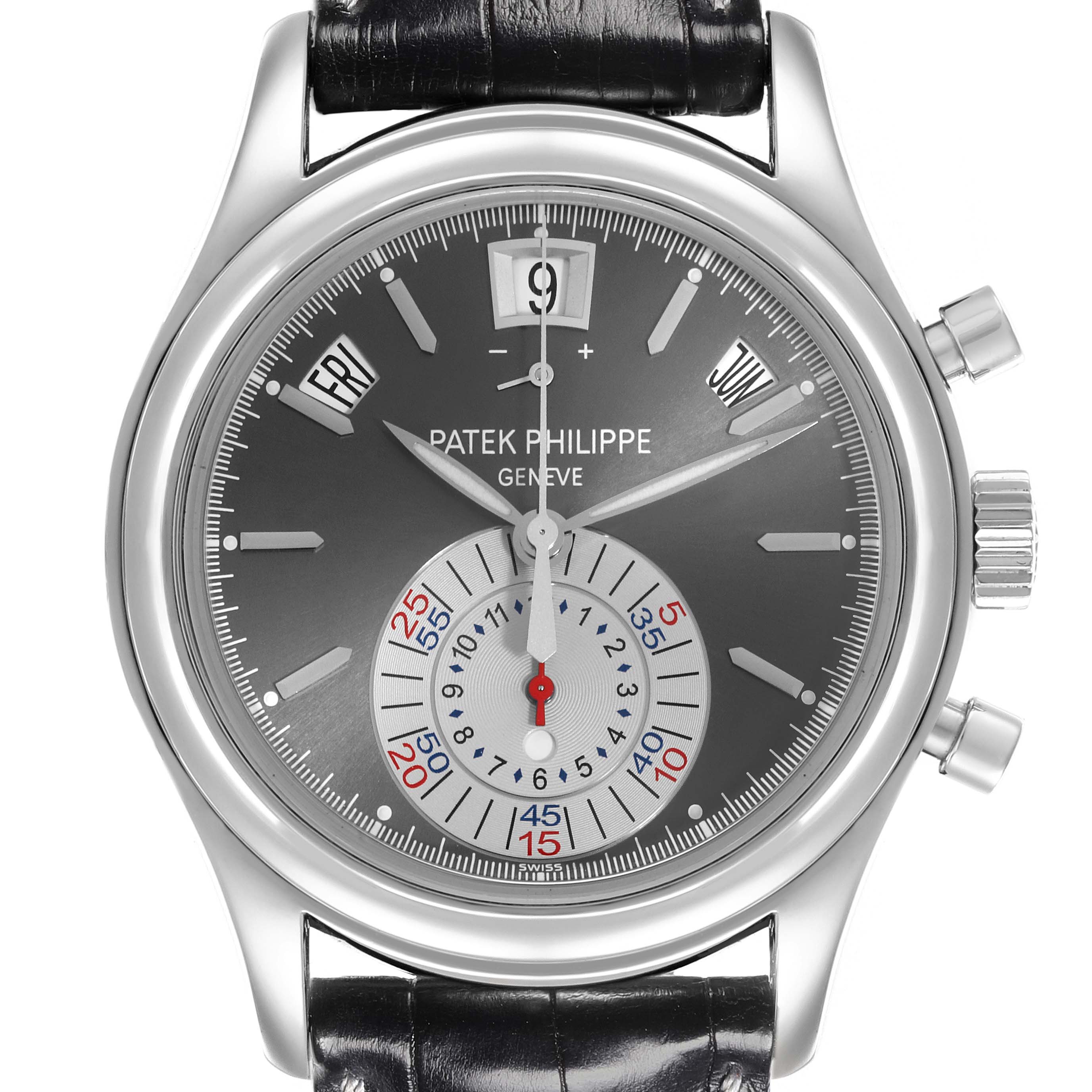 The Patek Philippe Complications 5960P-001 Men's Platinum Grey Dial 5960P-001 Men's Platinum Grey Dial watch is shown from the front, highlighting its dial and sub-dials.