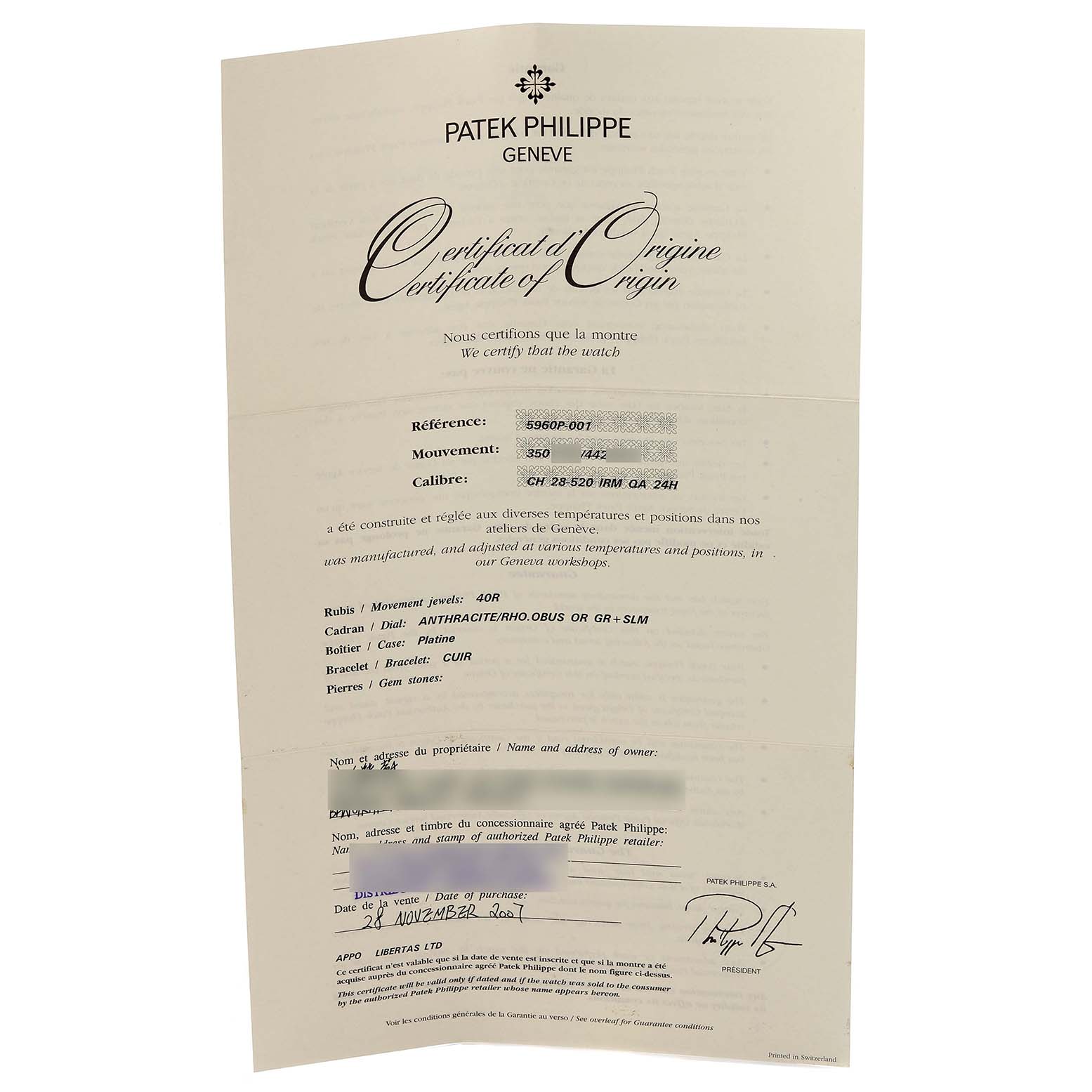 The image shows a Certificate of Origin for a Patek Philippe Complications 5960P-001 Men's Platinum Grey Dial 5960P-001 Men's Platinum Grey Dial watch, model 5960P-001.