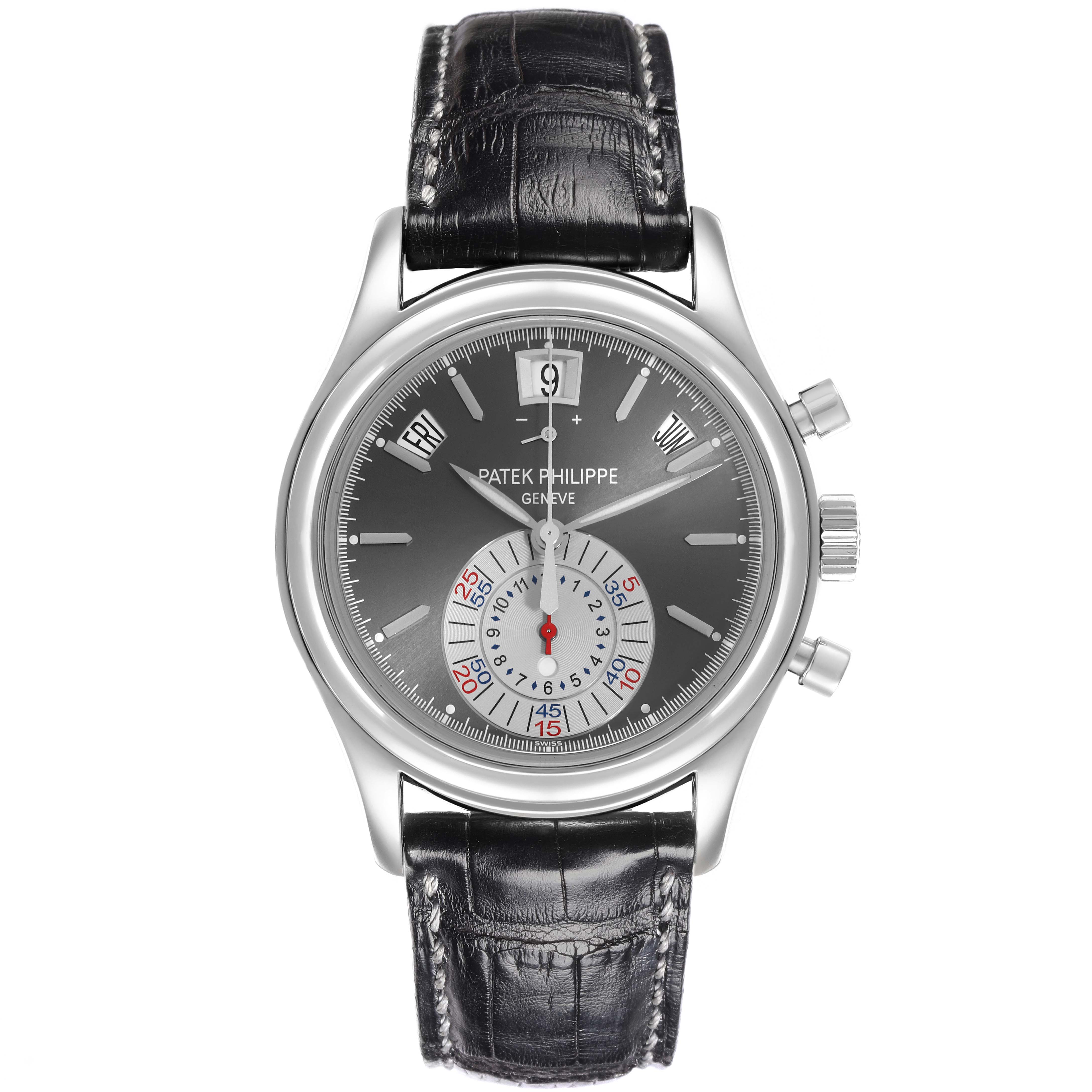 The Patek Philippe Complications 5960P-001 Men's Platinum Grey Dial 5960P-001 Men's Platinum Grey Dial watch is shown from a front angle, displaying the dial, pushers, and black leather strap.