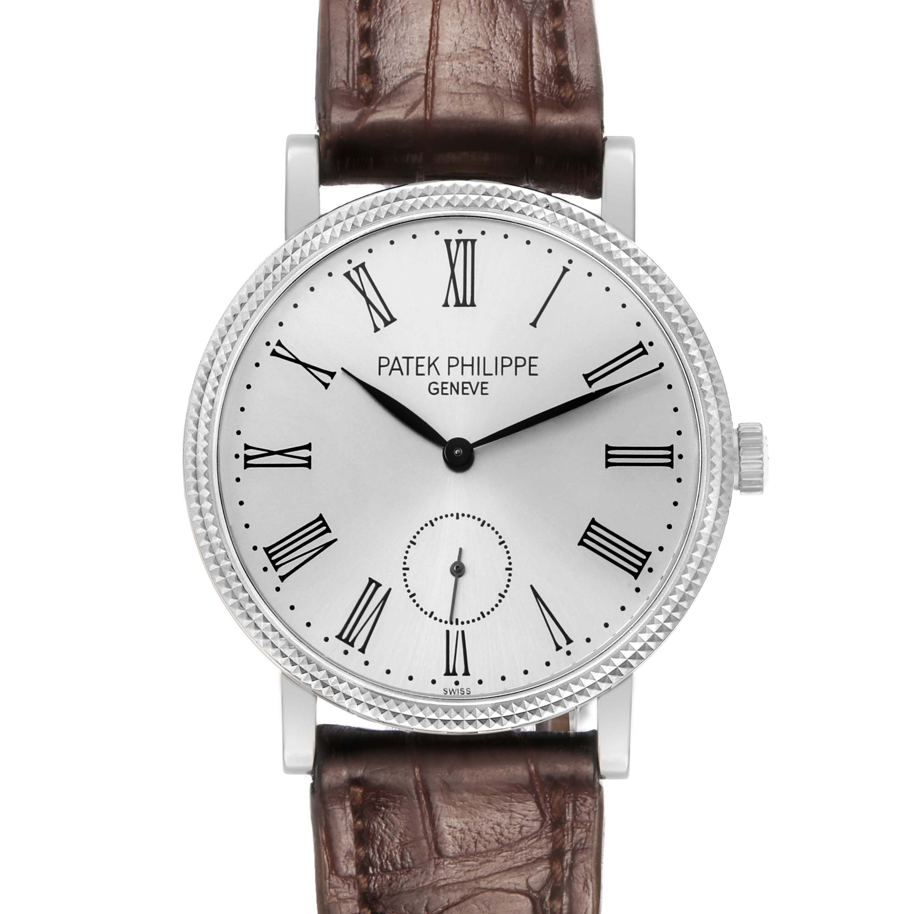 The Patek Philippe Calatrava 7119G Women
s White Gold White Dial watch is shown from the front, displaying its dial, bezel, and strap.