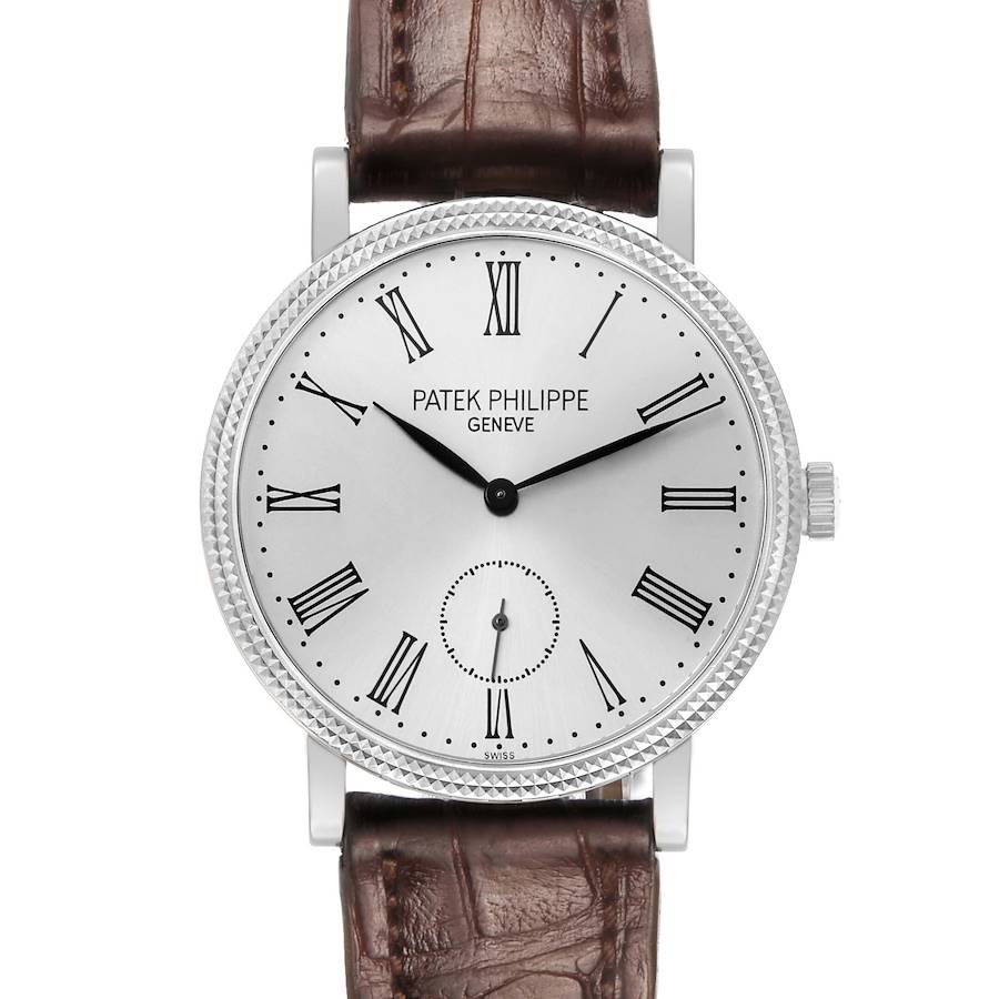 The Patek Philippe Calatrava 7119G Women's White Gold White Dial watch is shown from the front, displaying its dial, bezel, and strap.