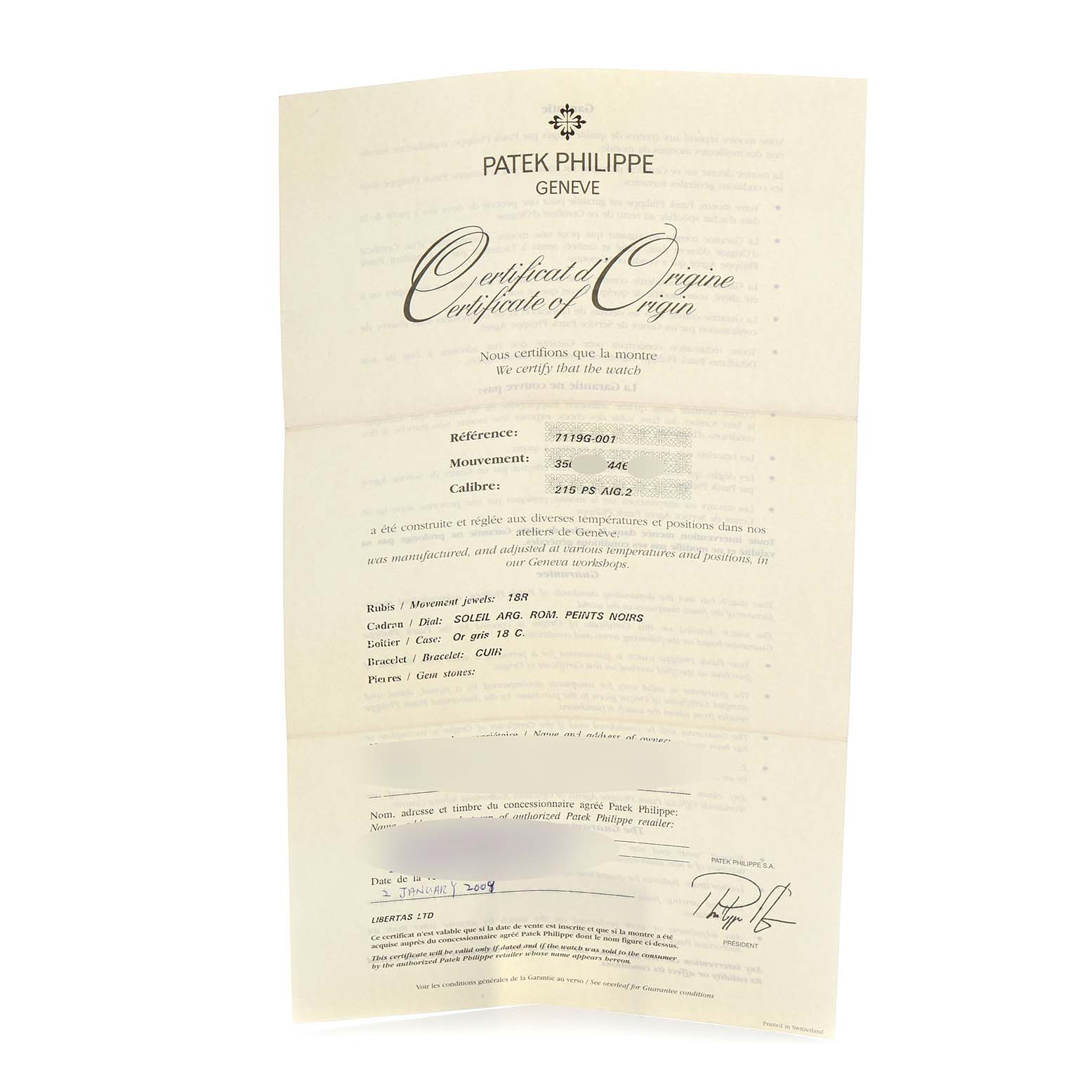 This image shows a Patek Philippe Calatrava 7119G Women
s White Gold White Dial Certificate of Origin, detailing the watch
s specifications and Best Quality
ity.