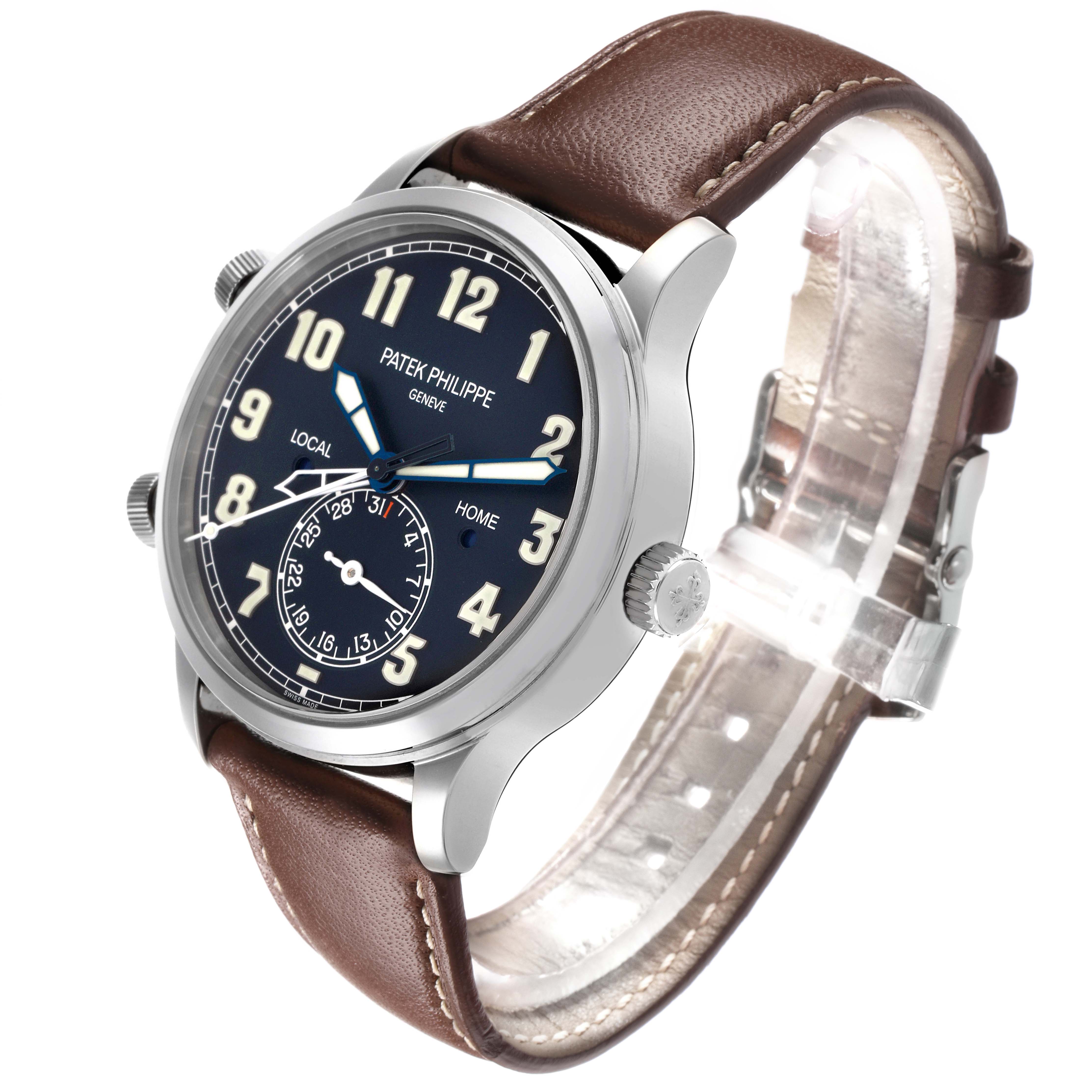 The Patek Philippe Calatrava 5524G-001 Men
s White Gold Blue Dial watch is shown at a three-quarter angle, highlighting the dial, case, crown, and brown leather strap.