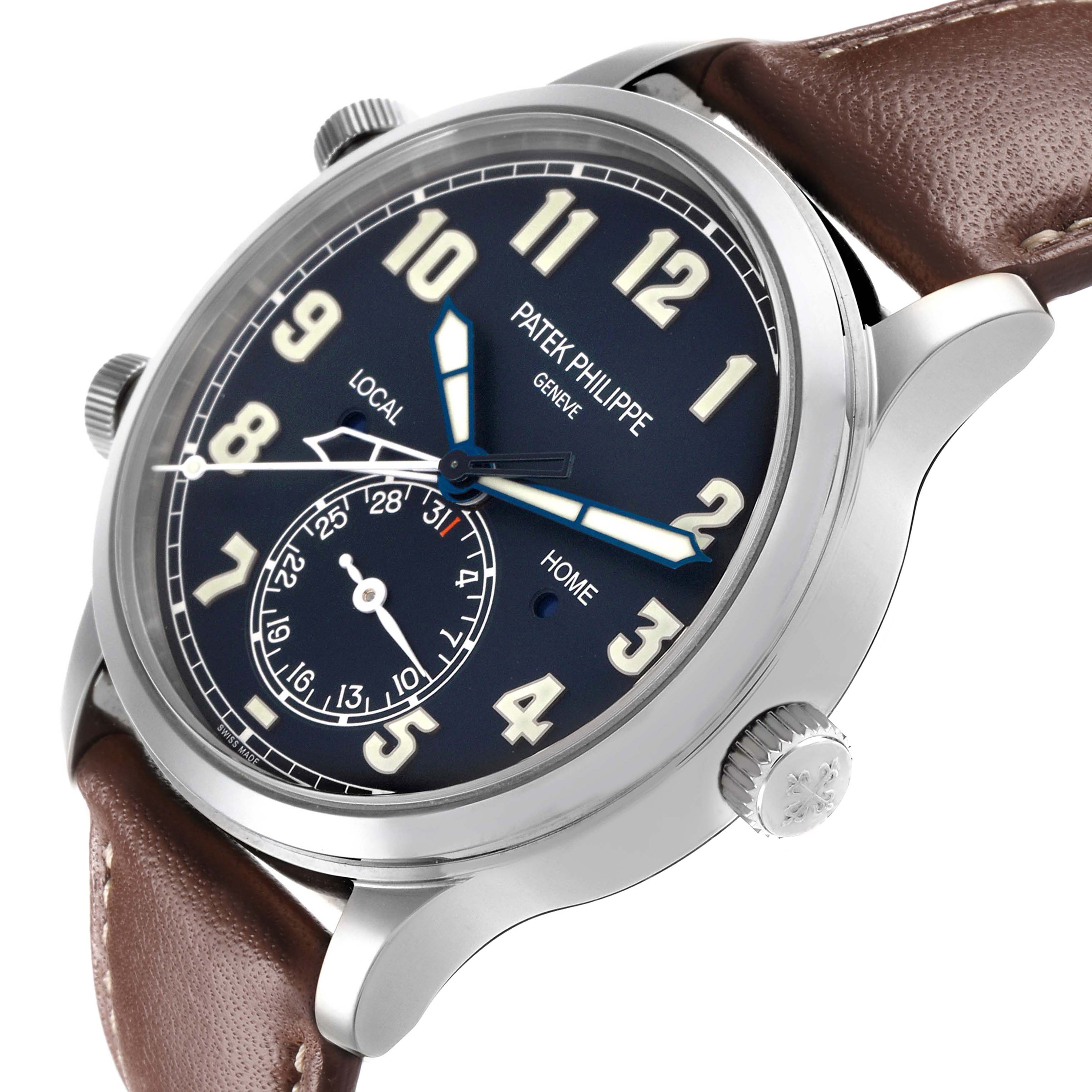 The Patek Philippe Calatrava 5524G-001 Men
s White Gold Blue Dial is shown at a tilted angle, displaying its face, lugs, crown, and brown strap.