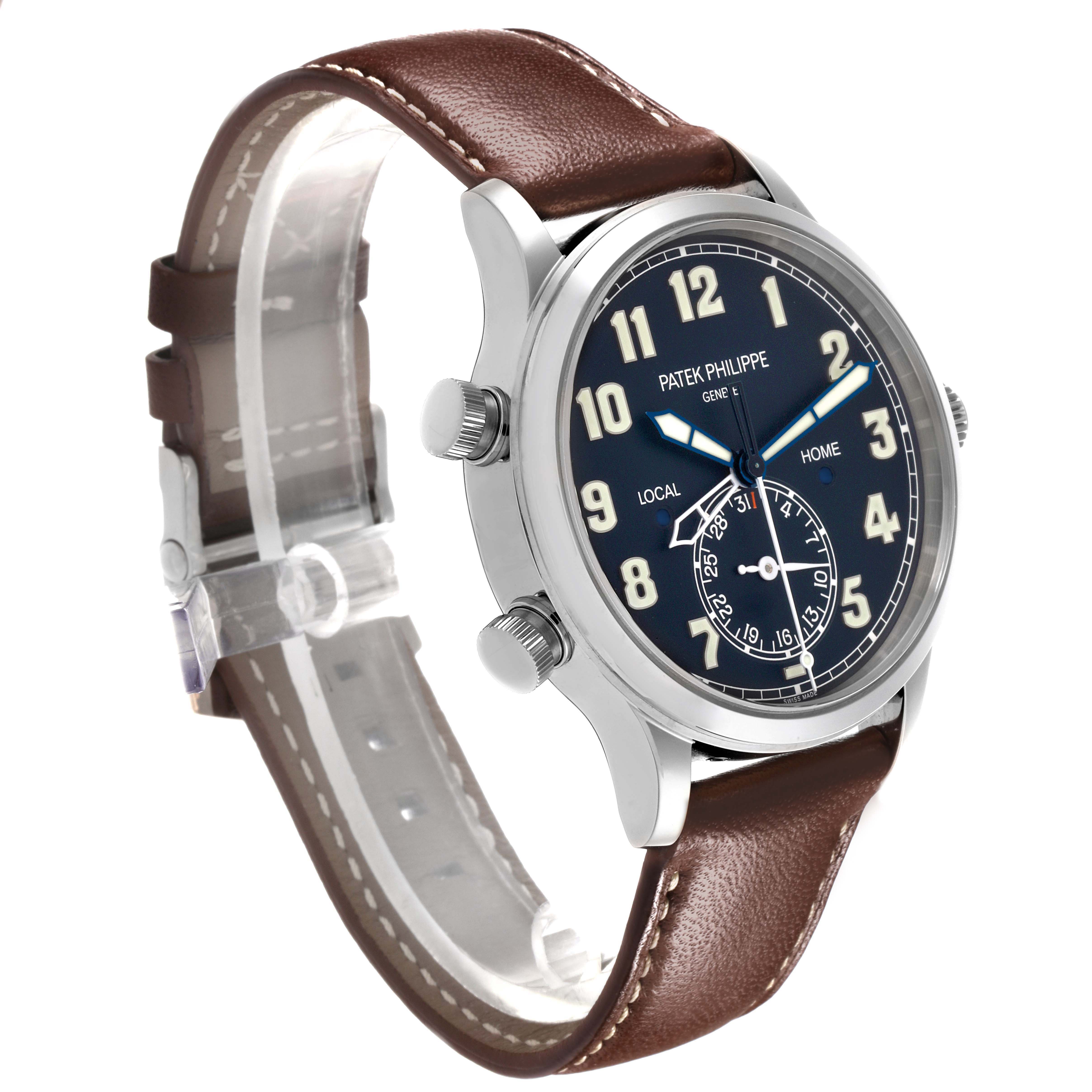 The Patek Philippe Calatrava 5524G-001 Men
s White Gold Blue Dial watch is shown at a 3/4 angle, displaying its brown leather strap, side crown, and blue dial.