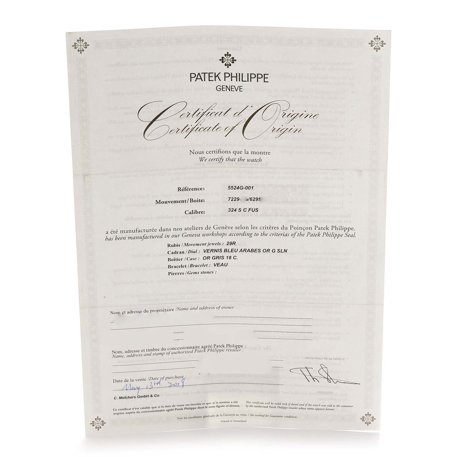 The image shows the Certificate of Origin for a Patek Philippe Calatrava 5524G-001 Men
s White Gold Blue Dial watch, detailing its specifications and Best Quality
ity.