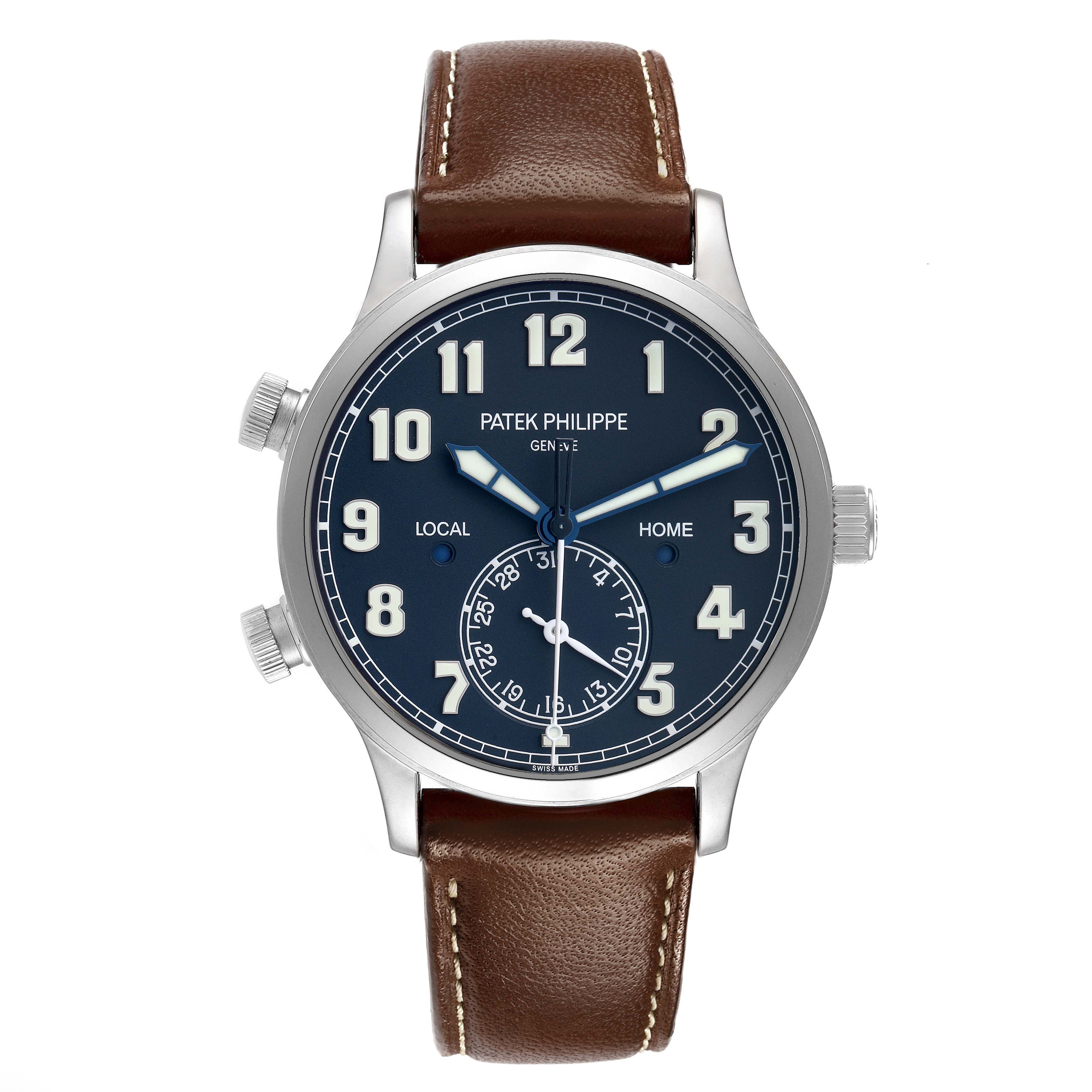 The Patek Philippe Calatrava 5524G-001 Men
s White Gold Blue Dial watch is shown from the front, displaying its dial, hands, case, and leather strap.