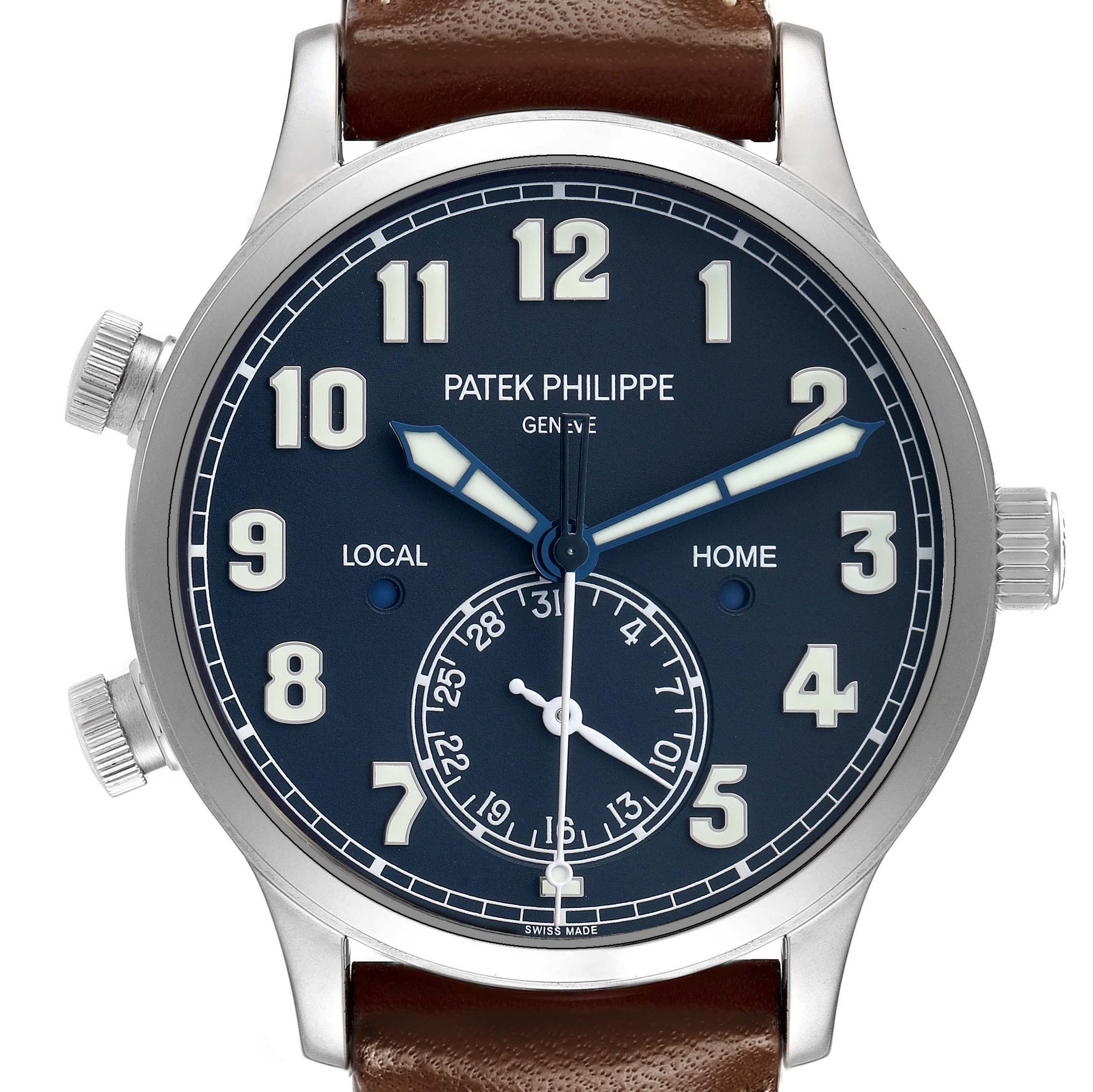 The Patek Philippe Calatrava 5524G-001 Men
s White Gold Blue Dial model is shown from the front, highlighting the dial, numerals, and leather strap.