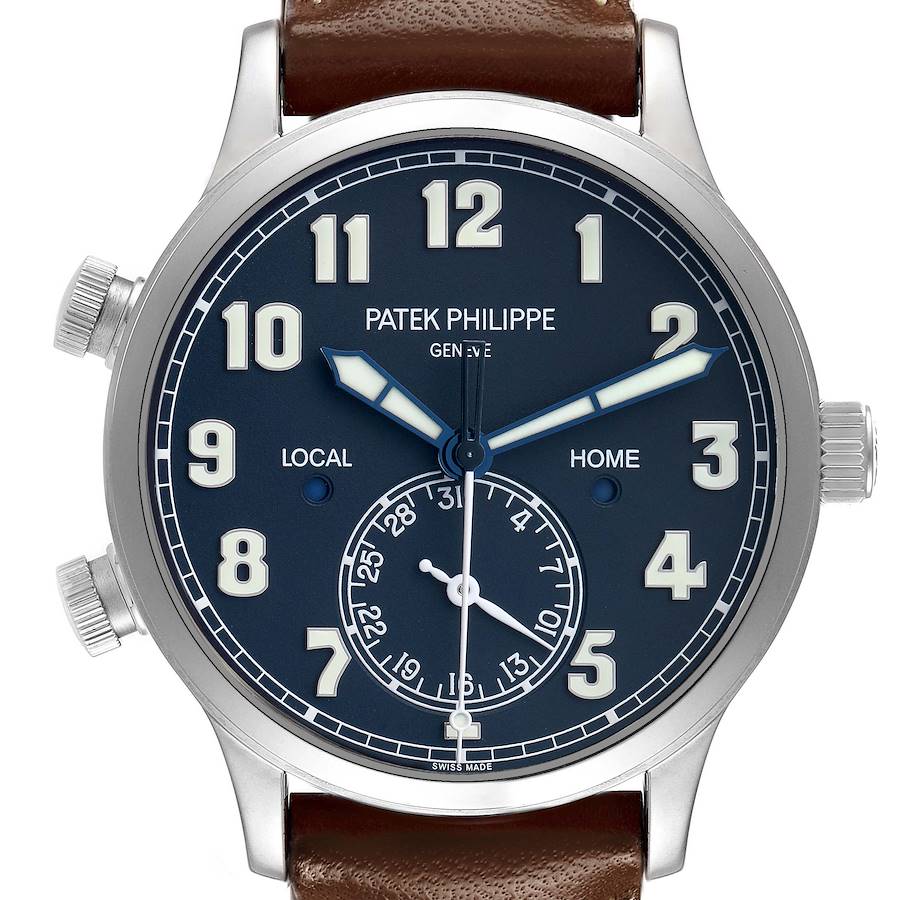 The Patek Philippe Calatrava 5524G-001 Men's White Gold Blue Dial model is shown from the front, highlighting the dial, numerals, and leather strap.