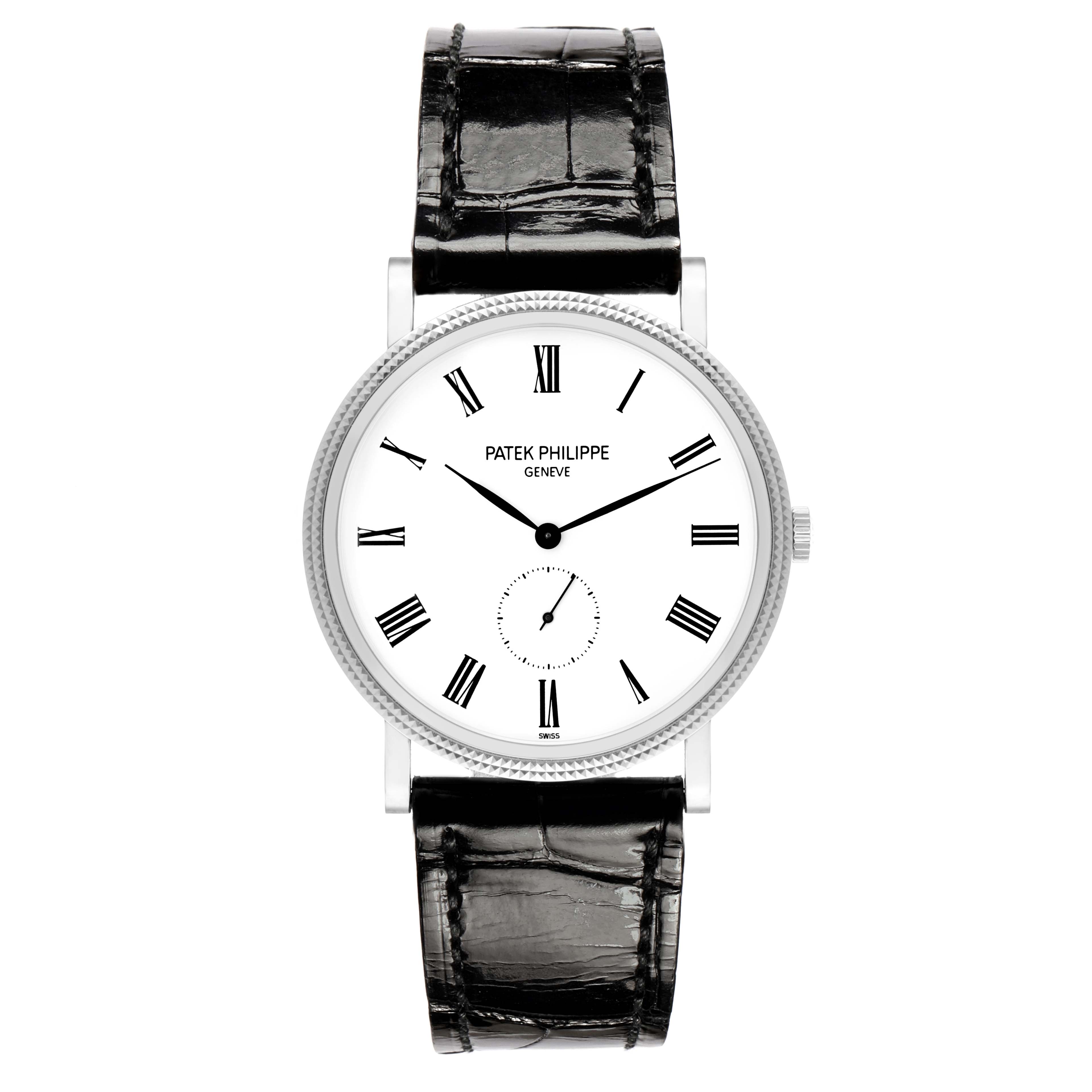The Patek Philippe Calatrava 5119G-001 Men
s White Gold White Dial watch is shown from the front, highlighting its dial, Roman numerals, and leather strap.