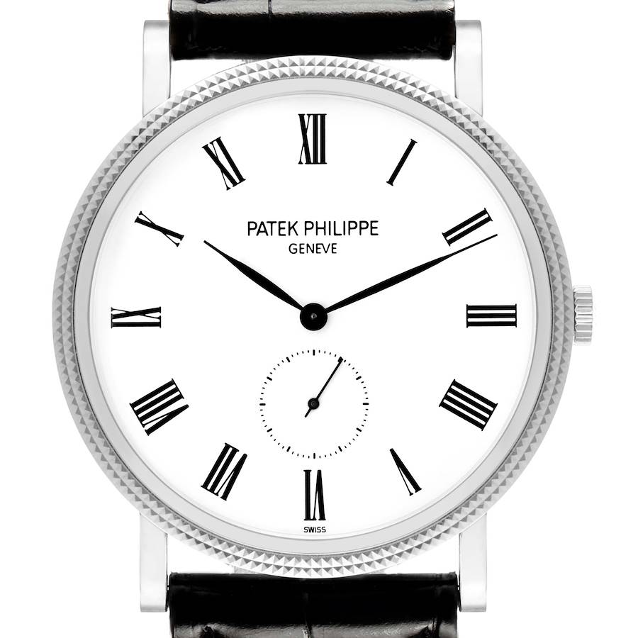 The Patek Philippe Calatrava 5119G-001 Men's White Gold White Dial watch is shown from a front angle, displaying the face, Roman numerals, hands, and part of the strap.