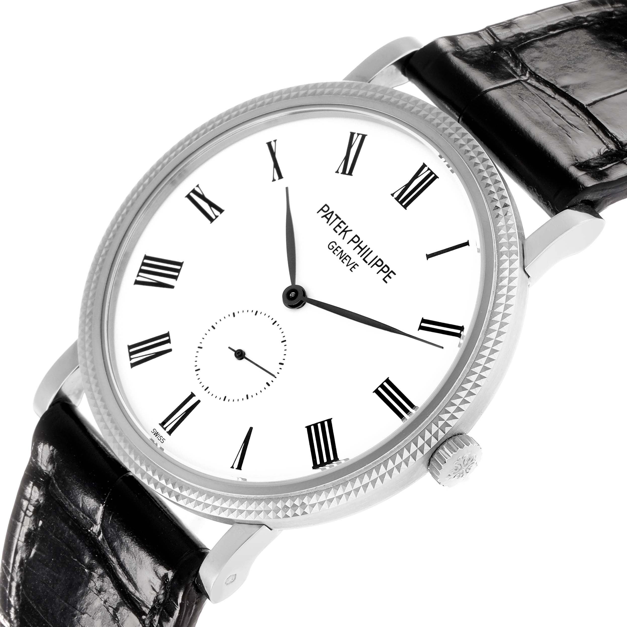 The Patek Philippe Calatrava 5119G-001 Men
s White Gold White Dial watch is shown at an angle highlighting its face, crown, Roman numerals, and black leather strap.