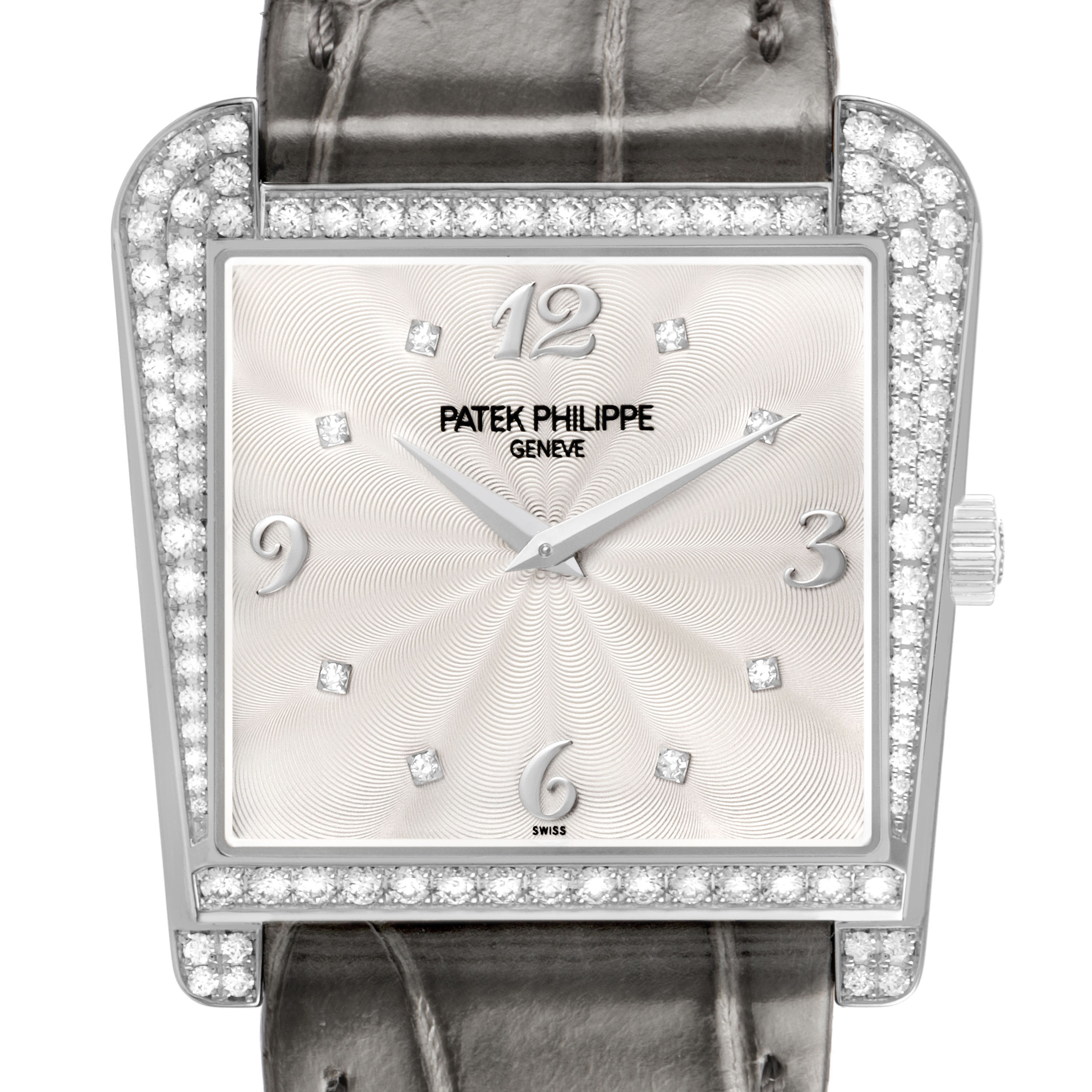 The Patek Philippe Calatrava 4888G-001 Women's White Gold Silver Dial watch is shown from the front, highlighting the square diamond bezel and guilloché dial.