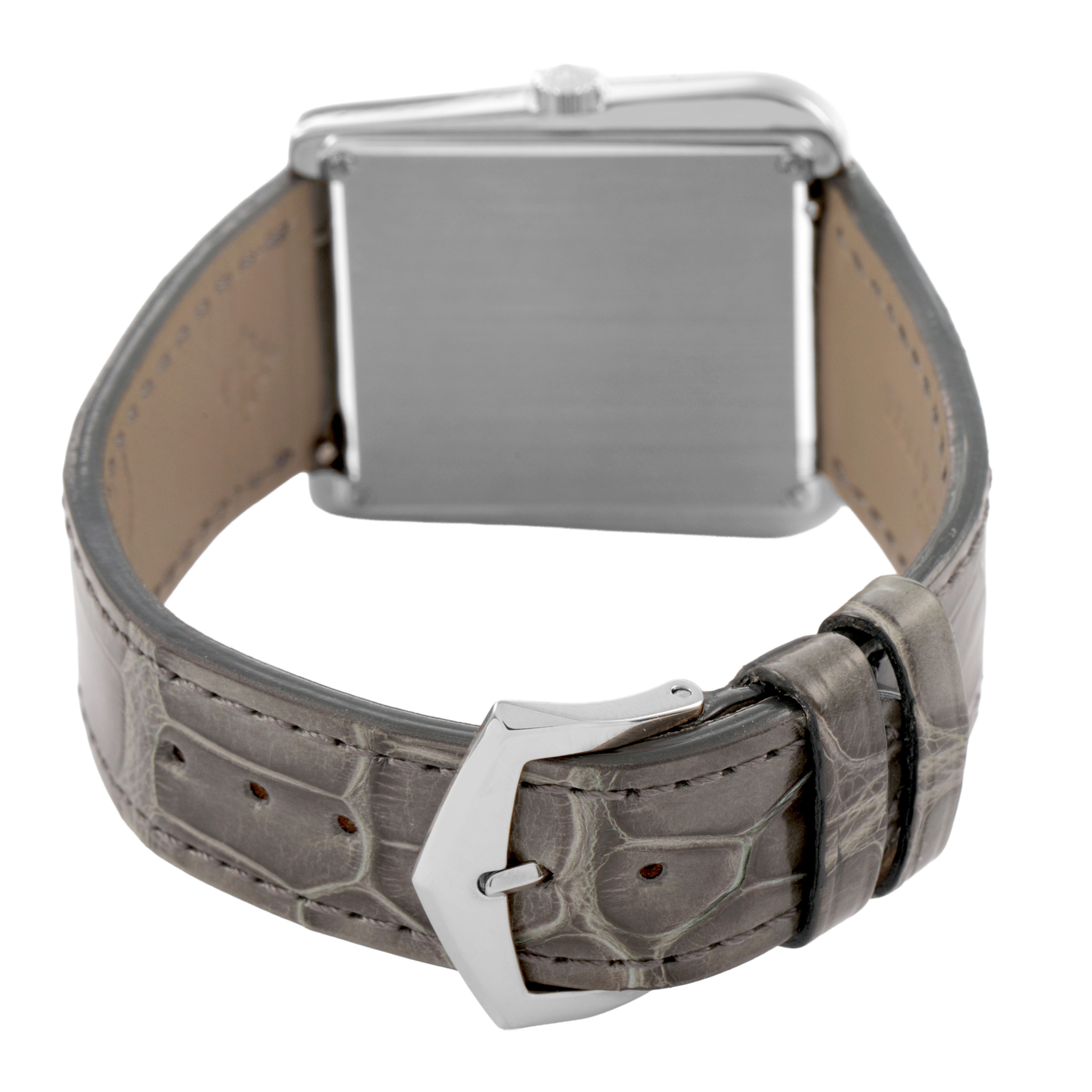 The image shows the back view of a Patek Philippe Calatrava 4888G-001 Women's White Gold Silver Dial watch, highlighting its leather strap and buckle.