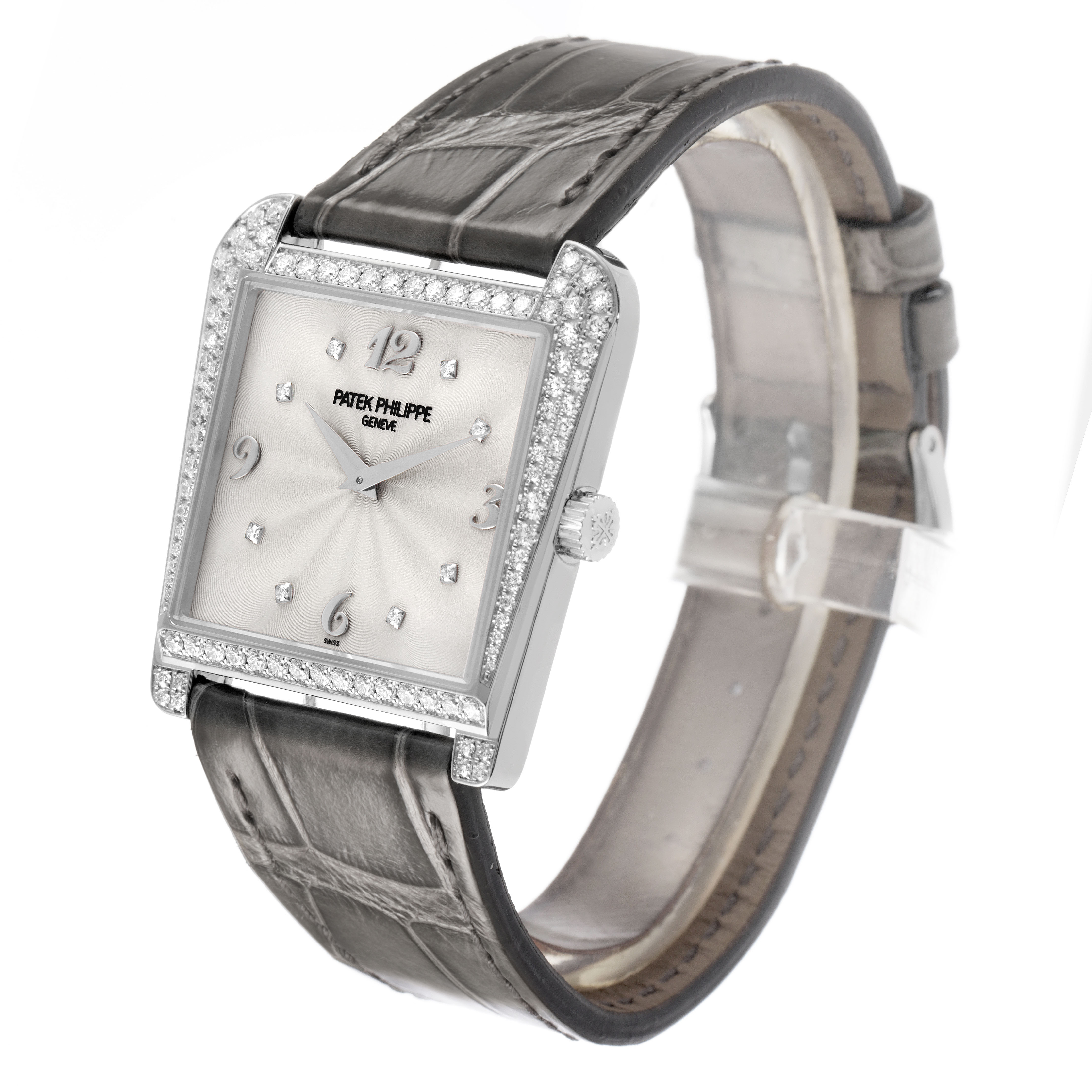 The Patek Philippe Calatrava 4888G-001 Women's White Gold Silver Dial watch is shown from a front angle, highlighting its square case, diamond-set bezel, and leather strap.