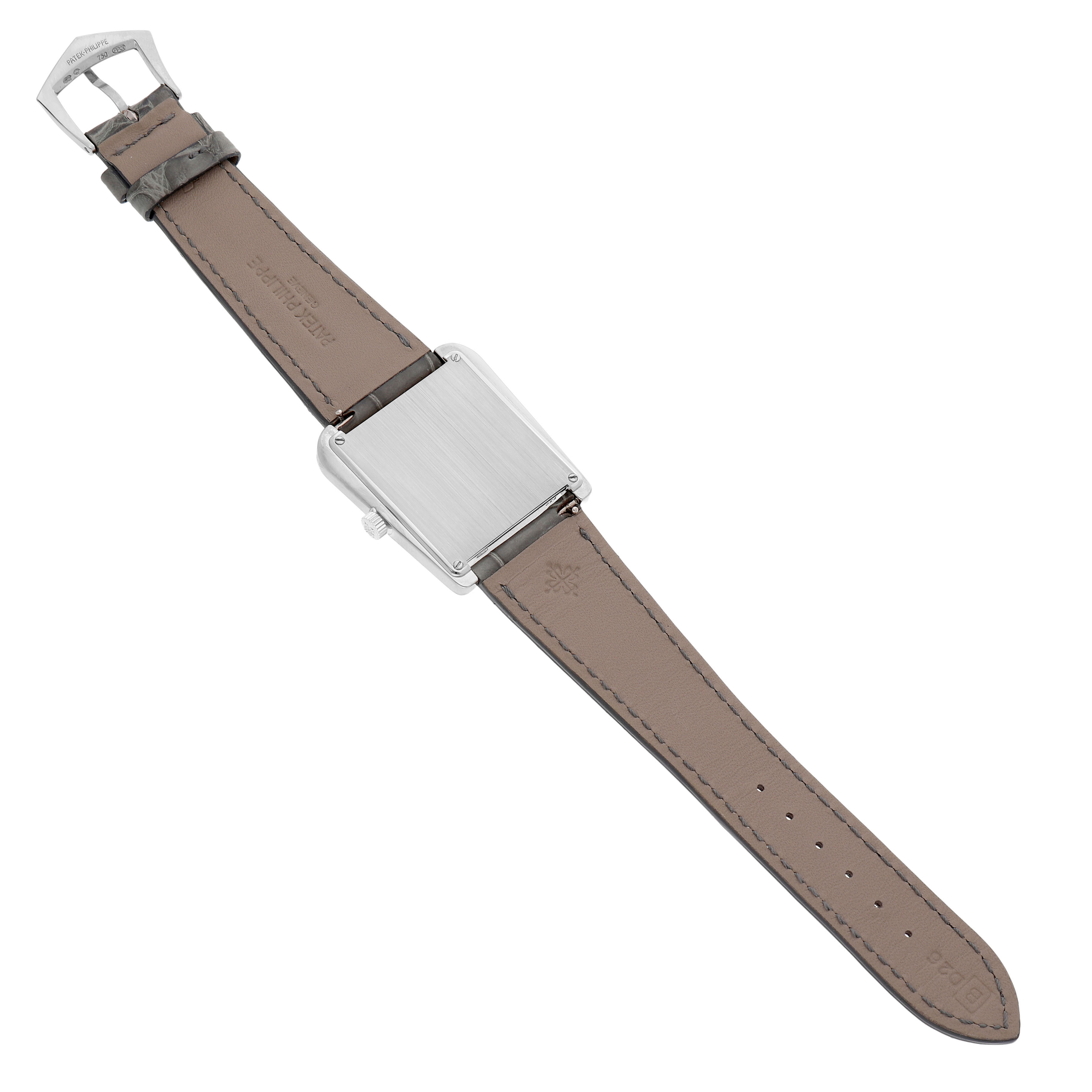 The image shows the back view of a Patek Philippe Calatrava 4888G-001 Women's White Gold Silver Dial watch, highlighting the case back, crown, and leather straps.