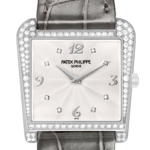 The Patek Philippe Calatrava 4888G-001 Women's White Gold Silver Dial watch is shown from the front, highlighting its diamond-studded bezel and elegant dial design.