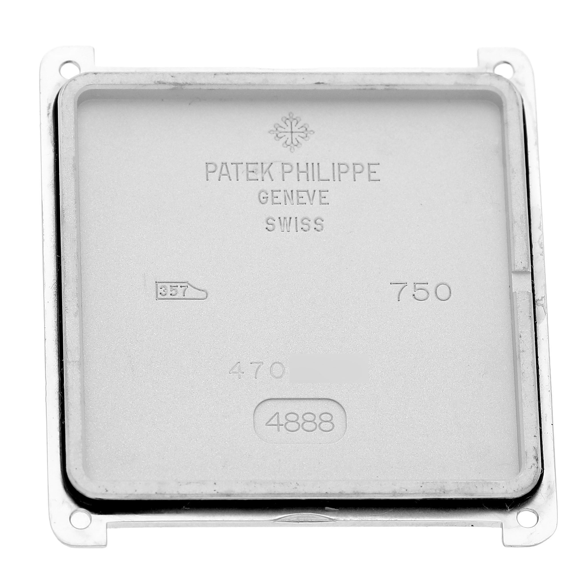 The image shows the case back interior of the Patek Philippe Calatrava 4888G-001 Women's White Gold Silver Dial watch.