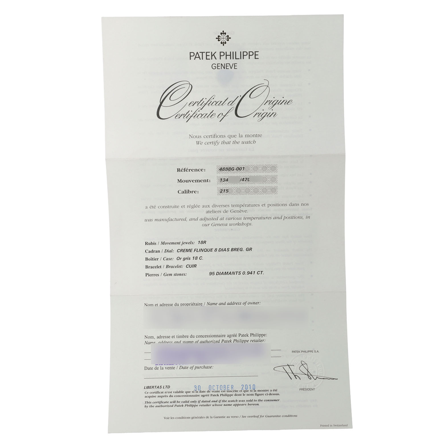 This image shows a Patek Philippe Calatrava 4888G-001 Women's White Gold Silver Dial certificate, detailing the watch's specifications and ownership.