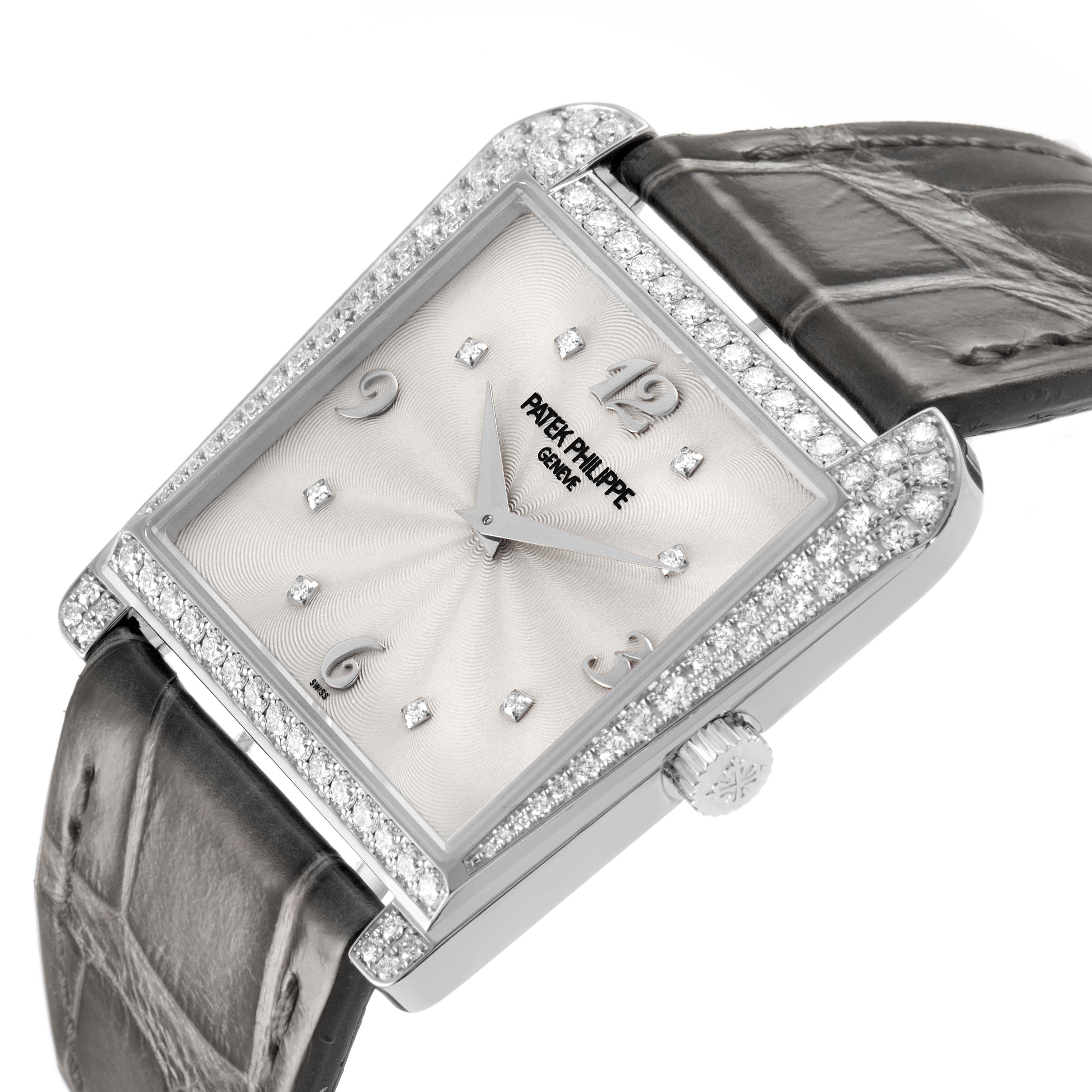 The Patek Philippe Calatrava 4888G-001 Women's White Gold Silver Dial watch is shown at an angled view displaying its diamond-encrusted bezel, dial, and leather strap.