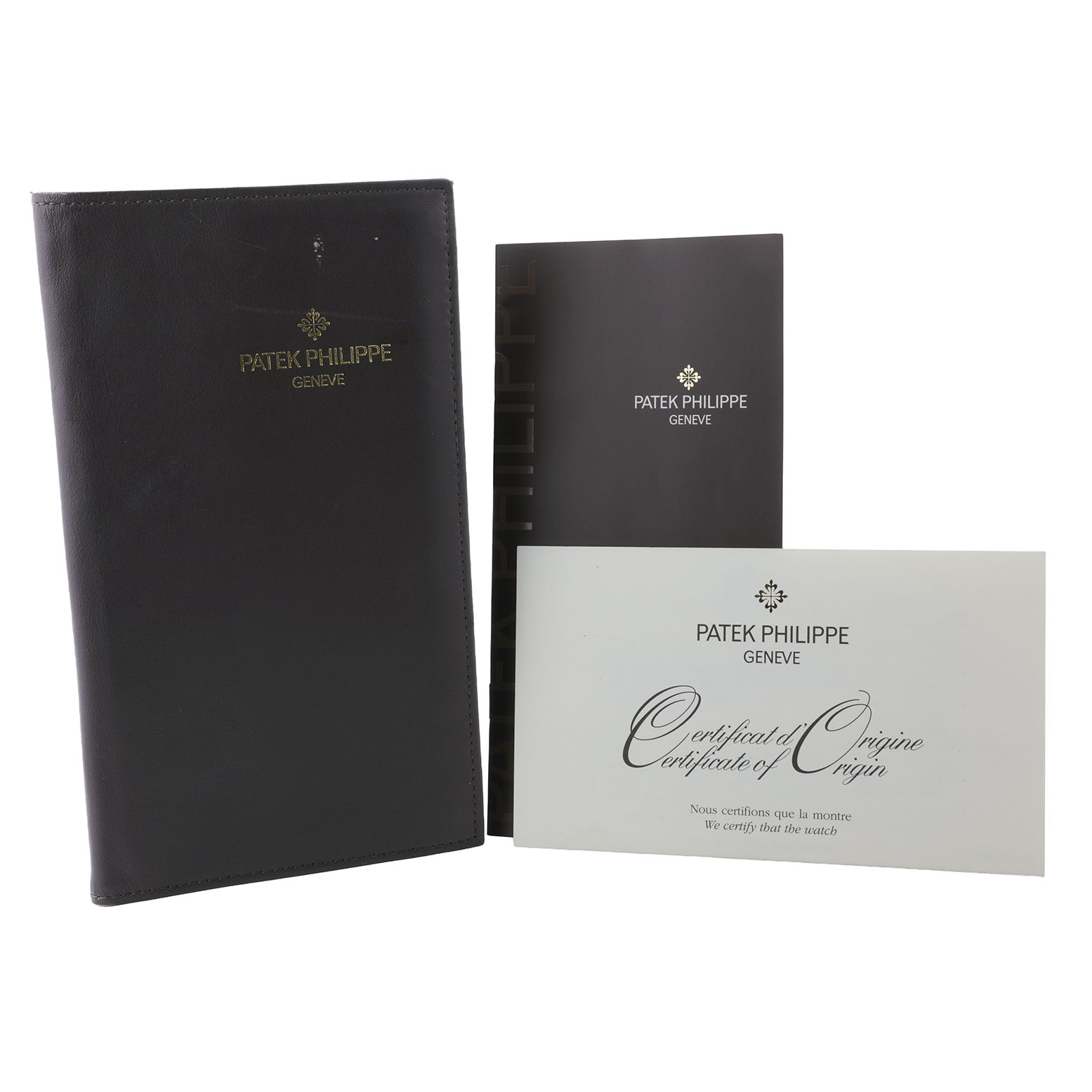 The image shows the Patek Philippe Calatrava 4888G-001 Women's White Gold Silver Dial's certificate, booklet, and holder from a front angle.