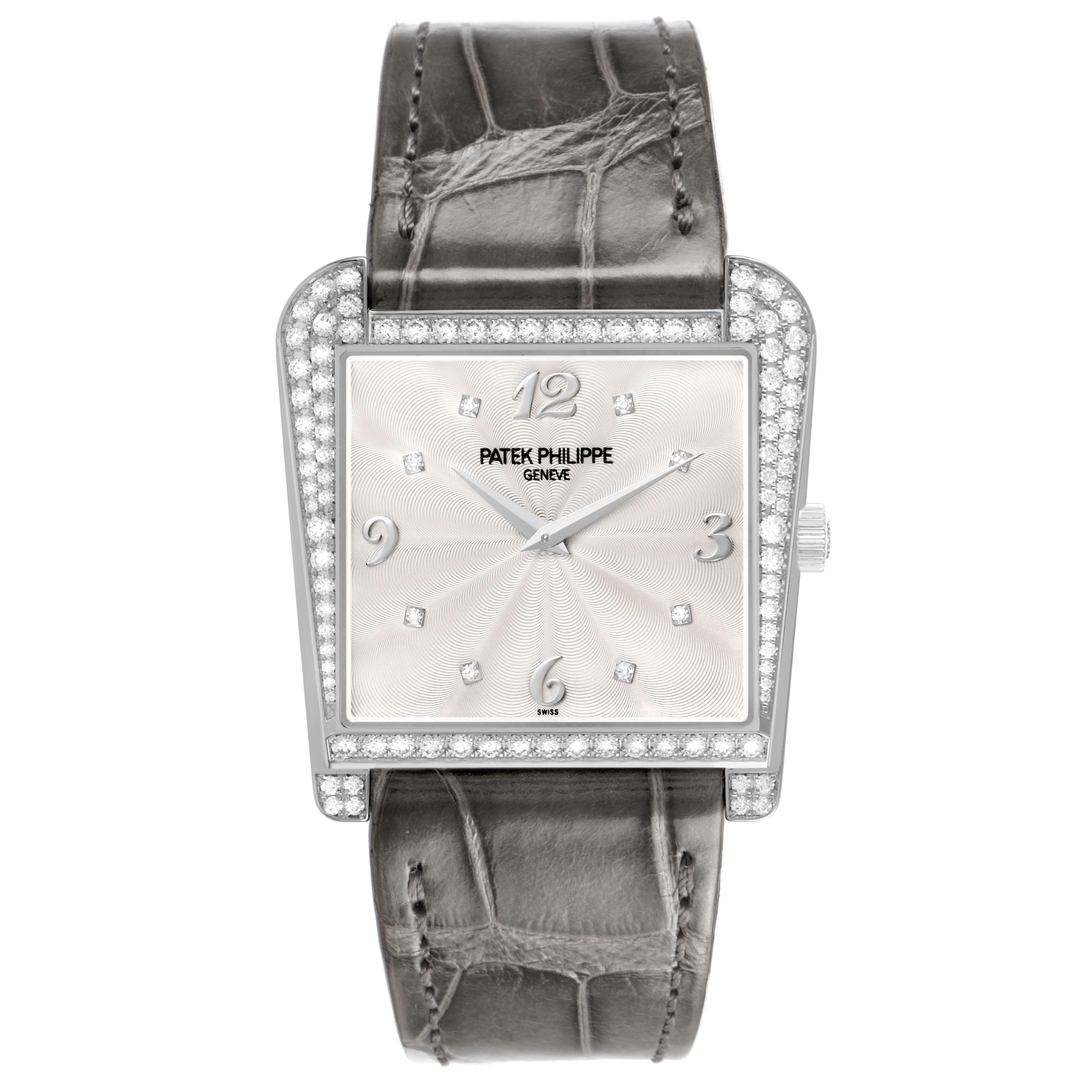 The Patek Philippe Calatrava 4888G-001 Women's White Gold Silver Dial watch is shown from the front, displaying the face, diamond-set bezel, and leather strap.