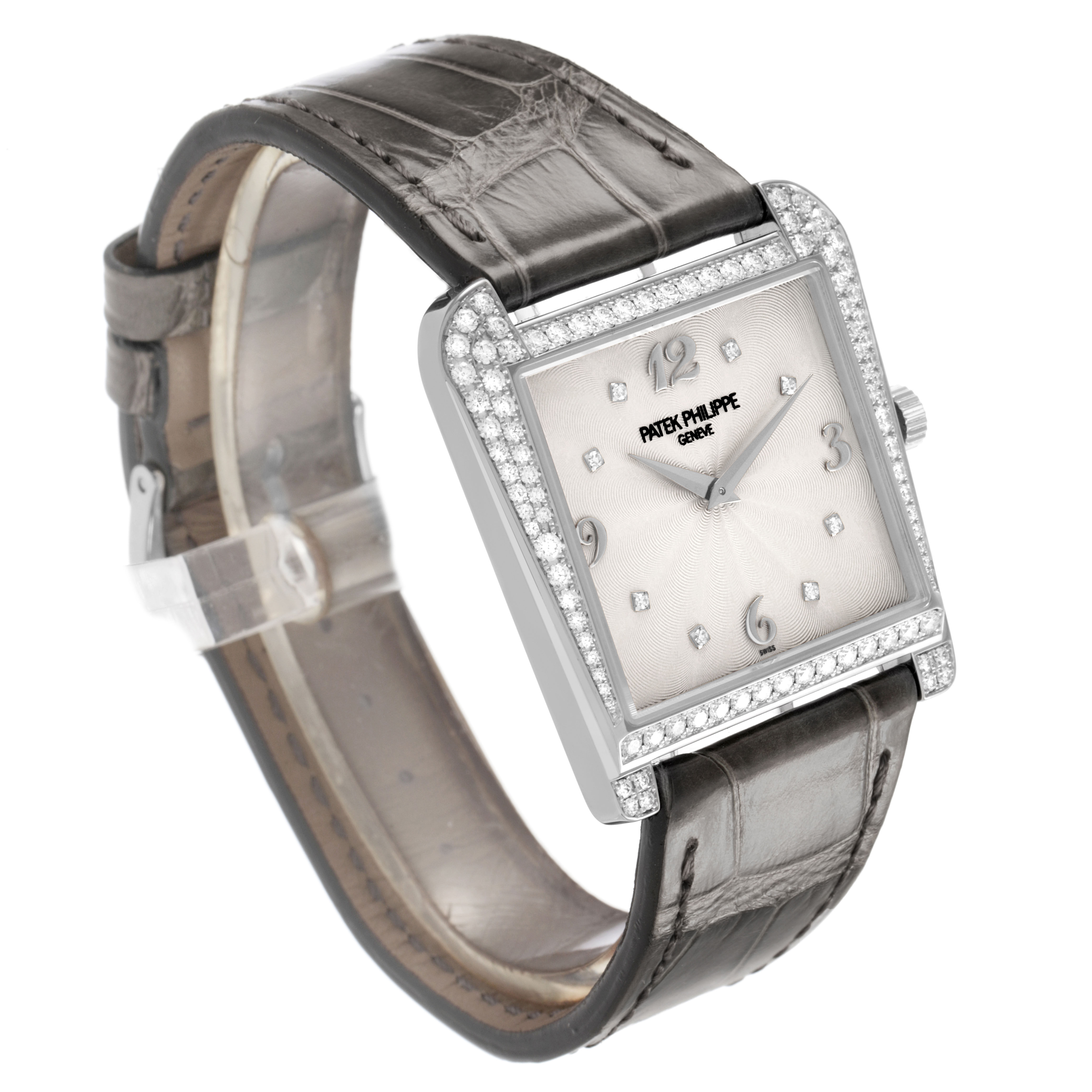 The Patek Philippe Calatrava 4888G-001 Women's White Gold Silver Dial watch is shown at a three-quarter angle, highlighting its square, diamond-set bezel and leather strap.