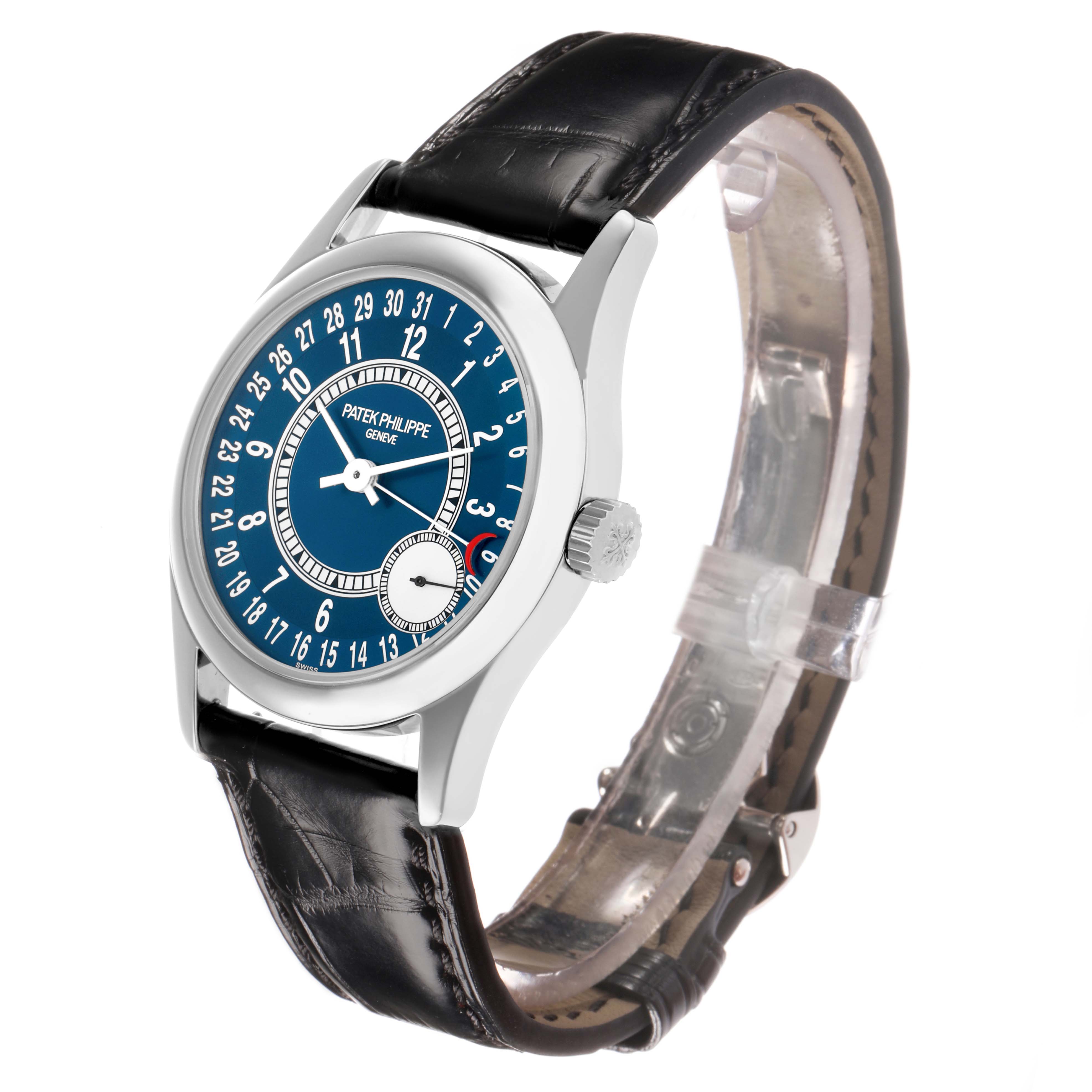 The Patek Philippe Calatrava 6000G Men
s White Gold Blue Dial watch is shown at a three-quarter angle, highlighting the dial, crown, and leather strap.