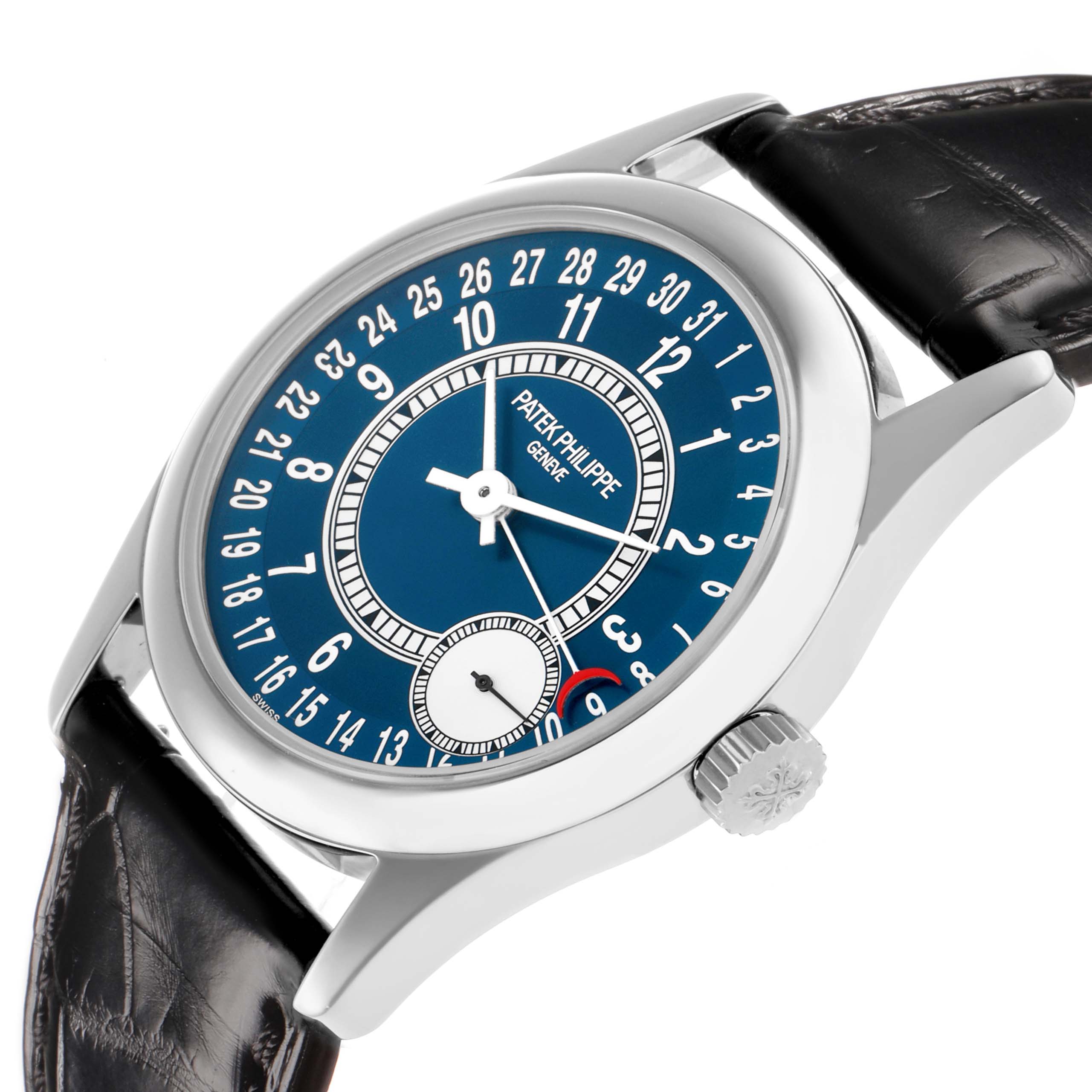 The Patek Philippe Calatrava 6000G Men
s White Gold Blue Dial watch is shown at an oblique angle, featuring the blue dial, date markings, and crown.