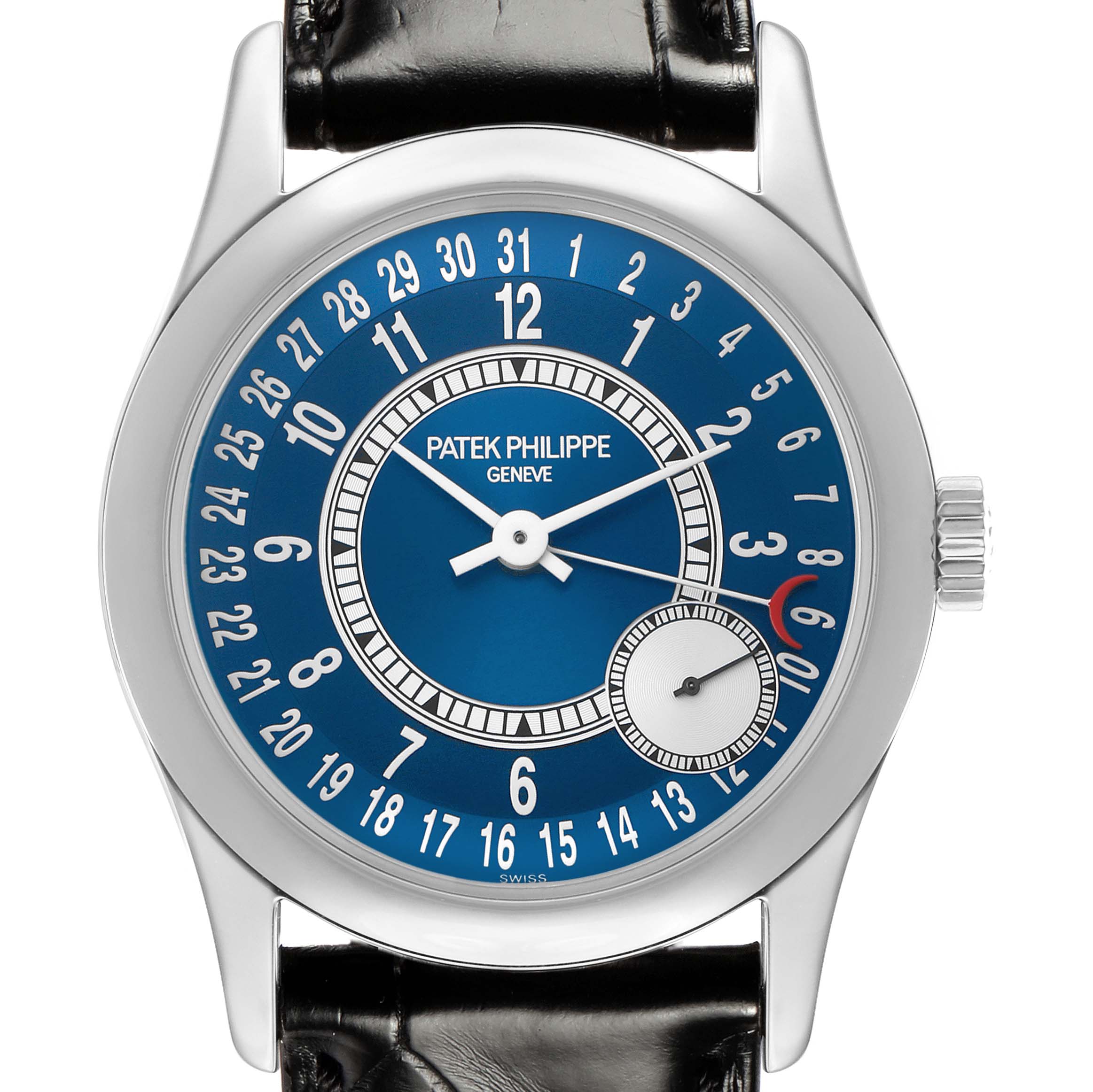 The Patek Philippe Calatrava 6000G Men
s White Gold Blue Dial watch is shown from a front angle, highlighting the dial, hands, crown, and part of the leather strap.