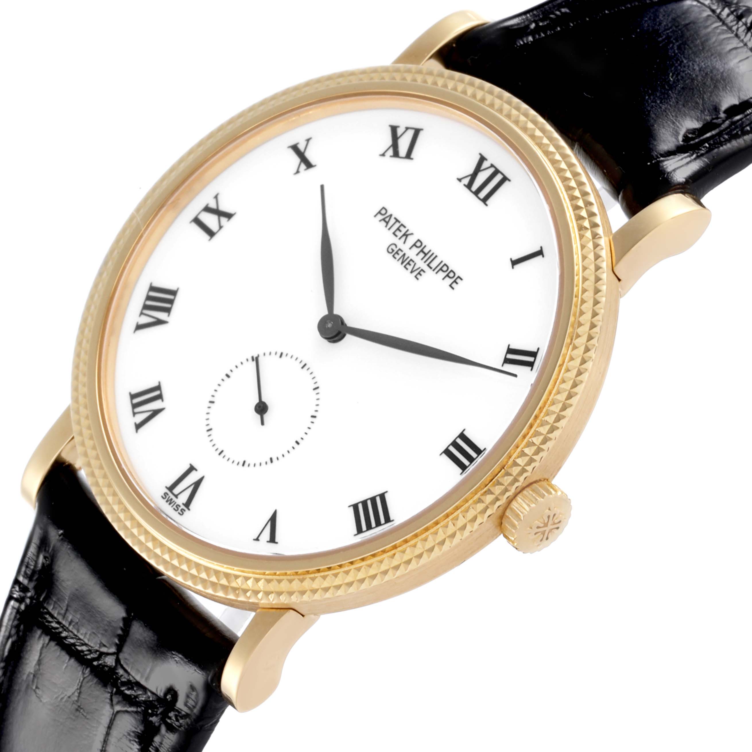The Patek Philippe Calatrava 3919J Men's Yellow Gold White Dial 3919J Men's Yellow Gold White Dial watch is shown at an angle highlighting the face, crown, and leather strap.