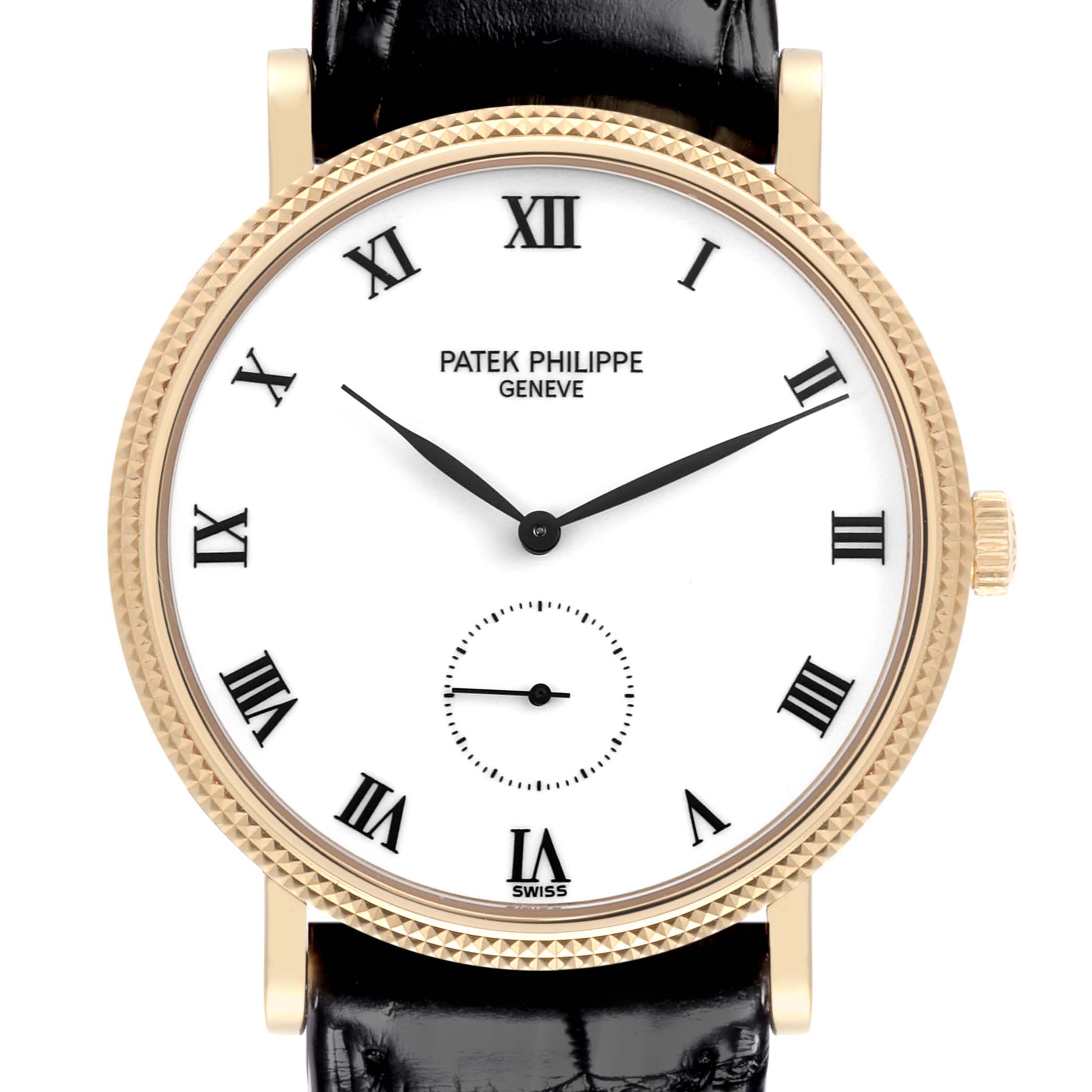 The Patek Philippe Calatrava 3919J Men's Yellow Gold White Dial 3919J Men's Yellow Gold White Dial watch is shown from a front angle, highlighting its face, bezel, crown, and leather strap.