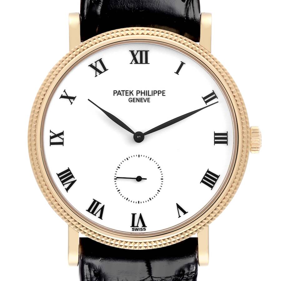 The Patek Philippe Calatrava watch is shown from a front angle, highlighting its face, bezel, crown, and leather strap.