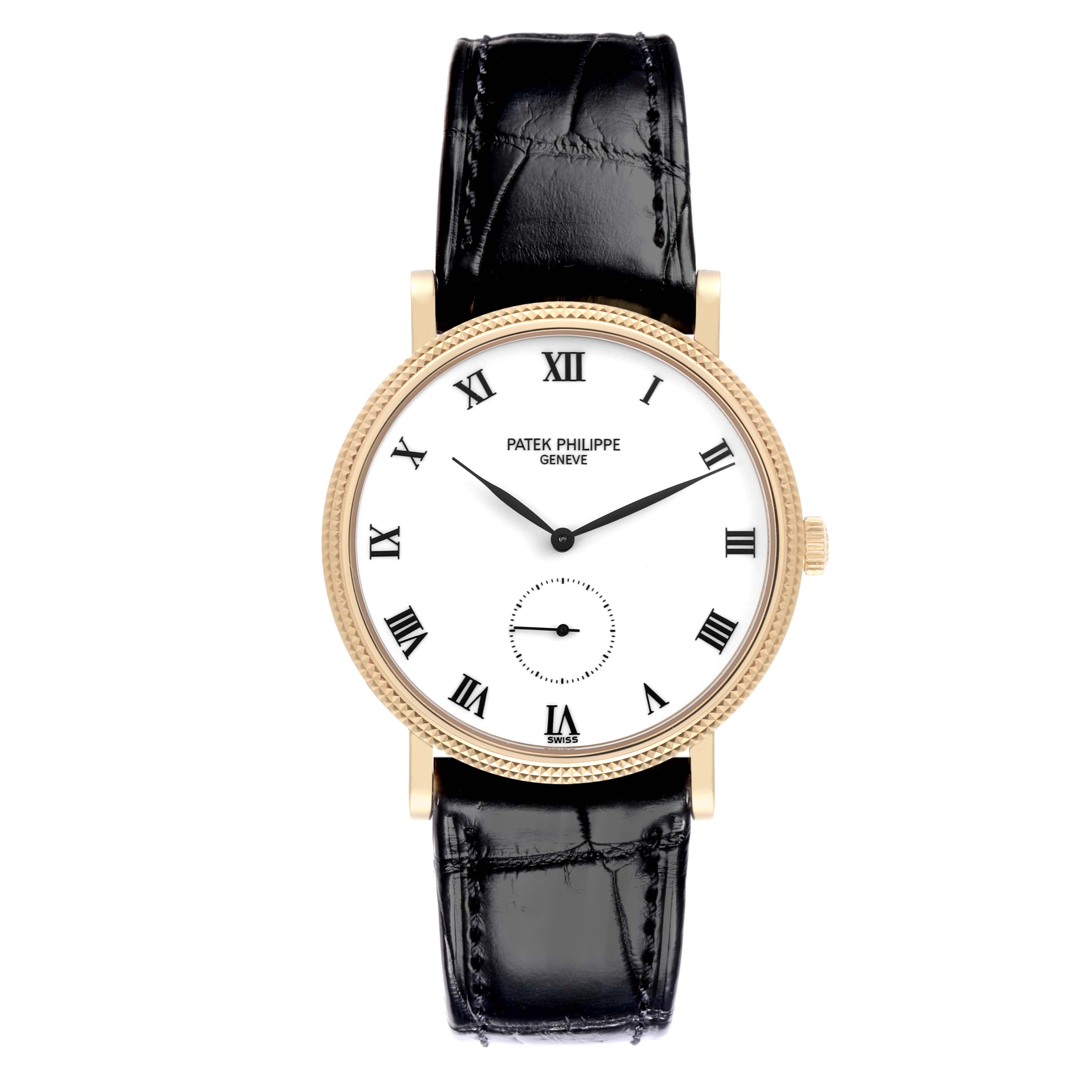 The image shows a Patek Philippe Calatrava 3919J Men's Yellow Gold White Dial 3919J Men's Yellow Gold White Dial watch from a top view, highlighting the dial, hands, bezel, and strap.