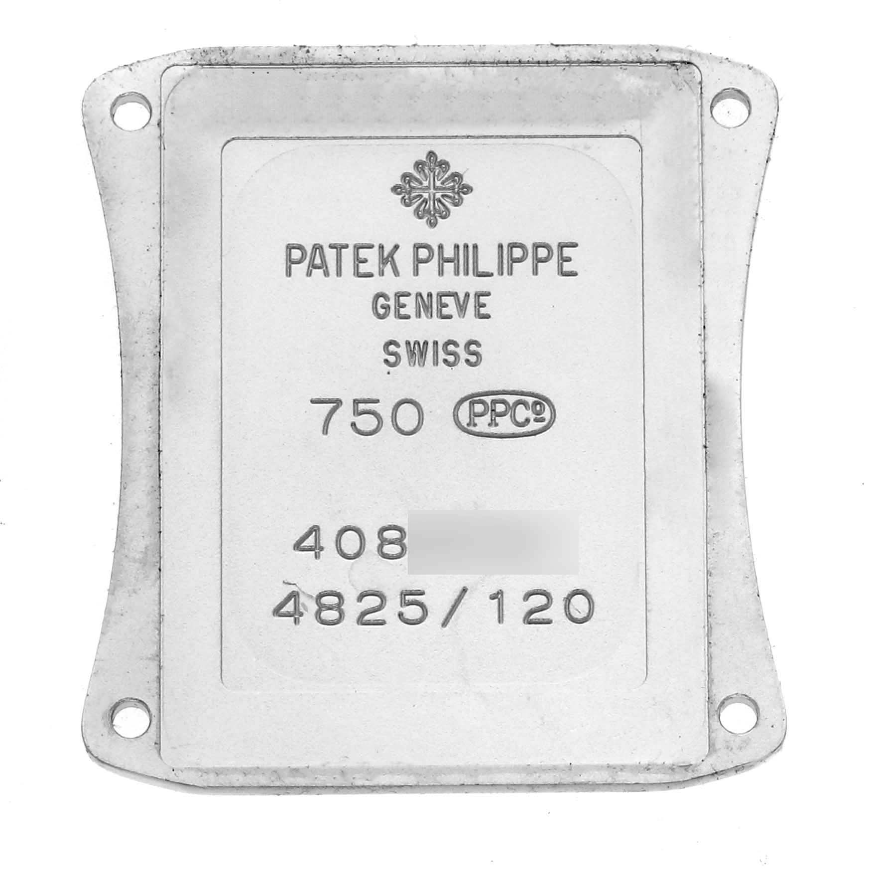 The image shows the backplate of a Patek Philippe Gondolo 4825G/120G-001 Women's White Gold Mother of Pearl Dial 4825G/120G-001 Women's White Gold Mother of Pearl Dial watch.