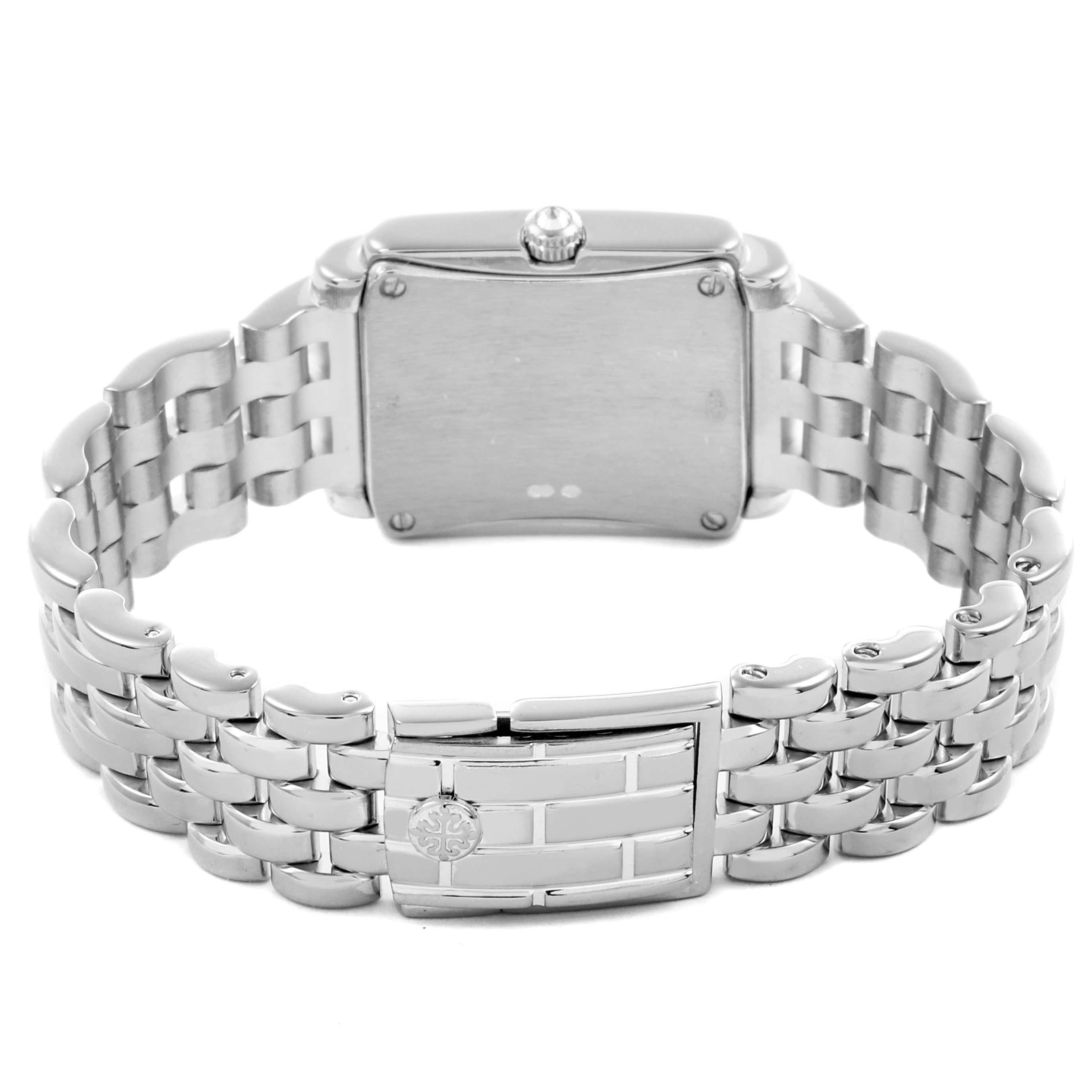 The image shows the back of a Patek Philippe Gondolo 4825G/120G-001 Women's White Gold Mother of Pearl Dial 4825G/120G-001 Women's White Gold Mother of Pearl Dial watch, highlighting its case and metal bracelet clasp.